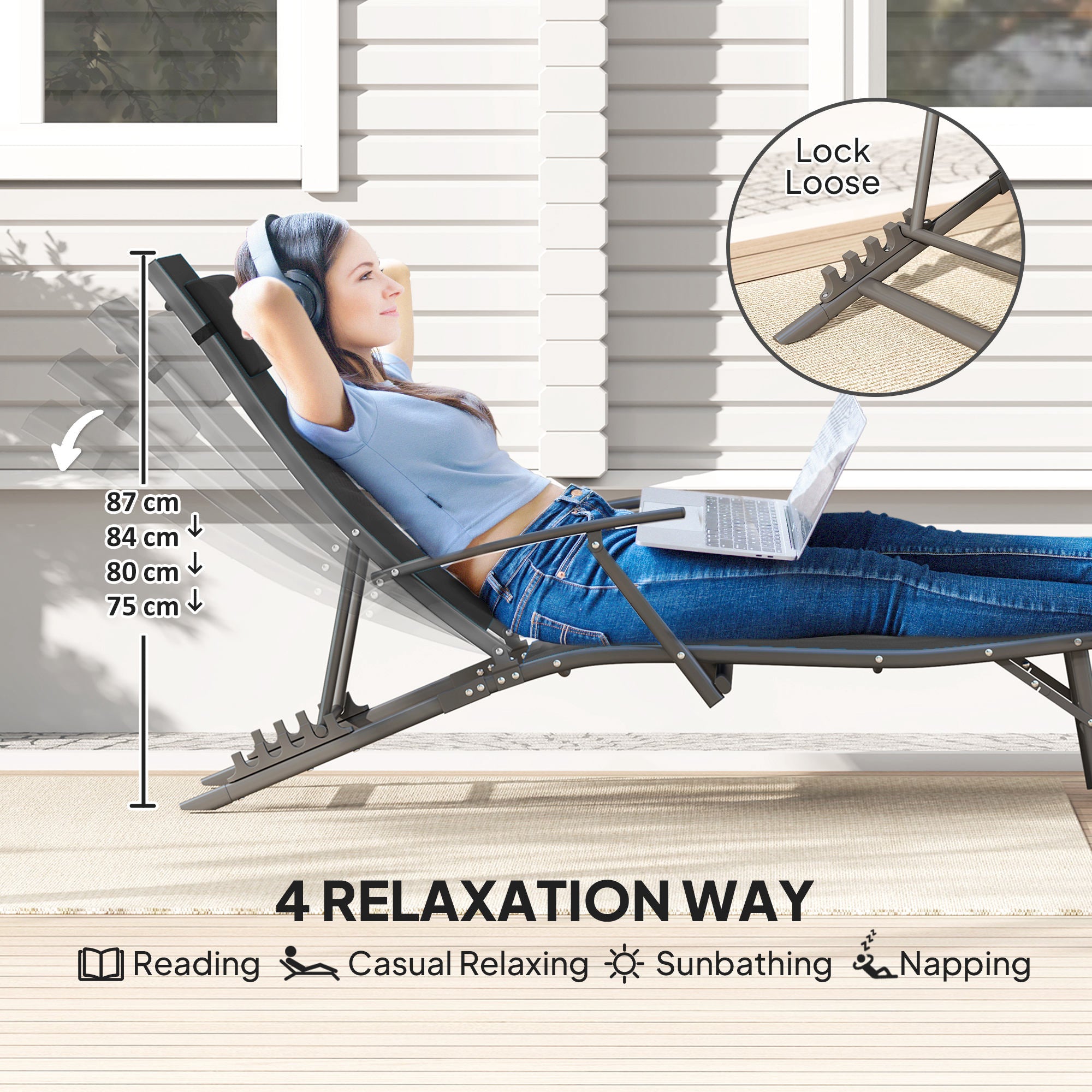 Outsunny Set of Two Adjustable Back Sun Loungers - Black - North Peak Garden Furniture