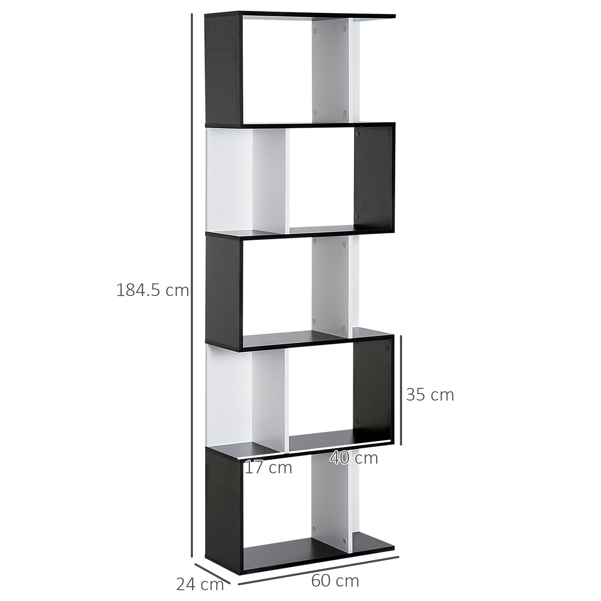 HOMCOM 5-tier Bookcase Storage Display Shelving S Shape design Unit Divider Black - North Peak Garden Furniture