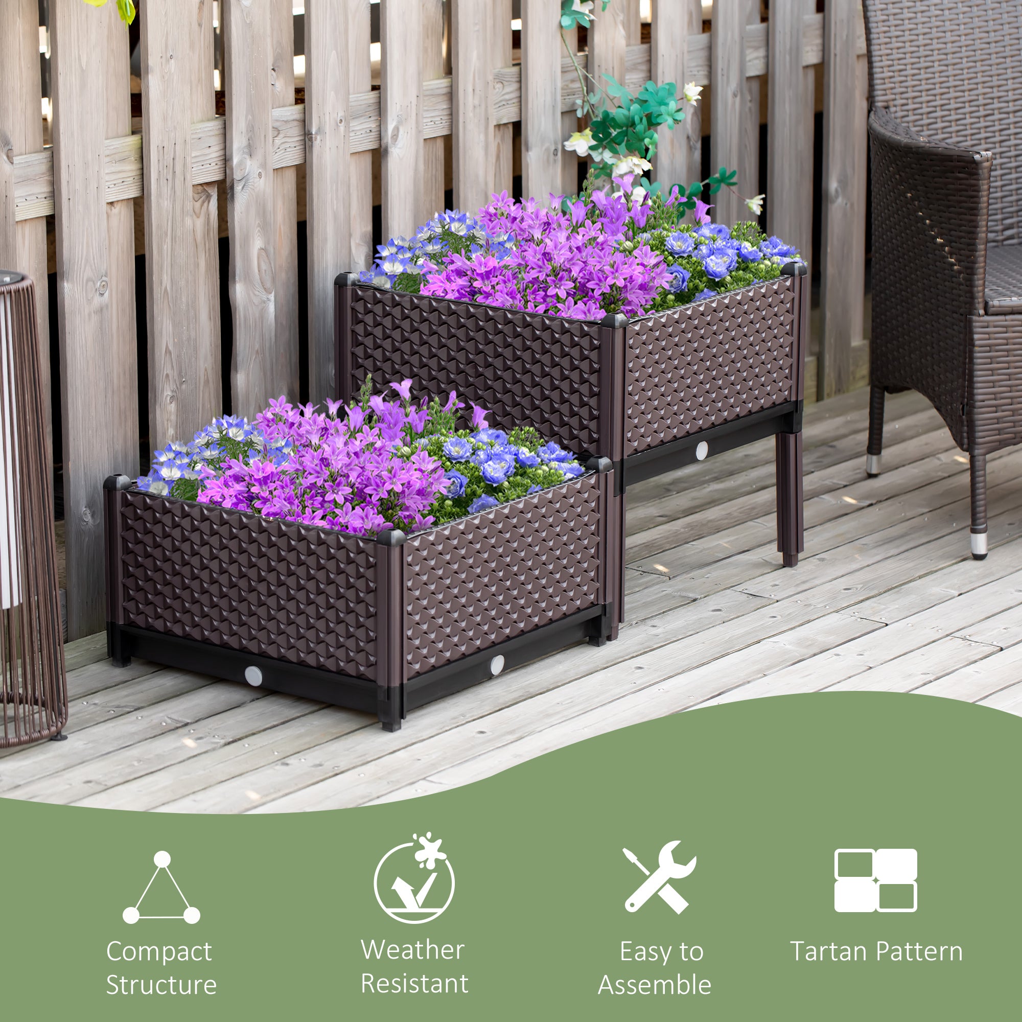 Outsunny 50cm x 50cm x 46.5cm Set of 2 41L Plastic Raised Garden Bed, Planter Box, Flower Vegetables Planting Container with Self-Watering Design and Drainage Holes for Patio Balcony - North Peak Garden Furniture