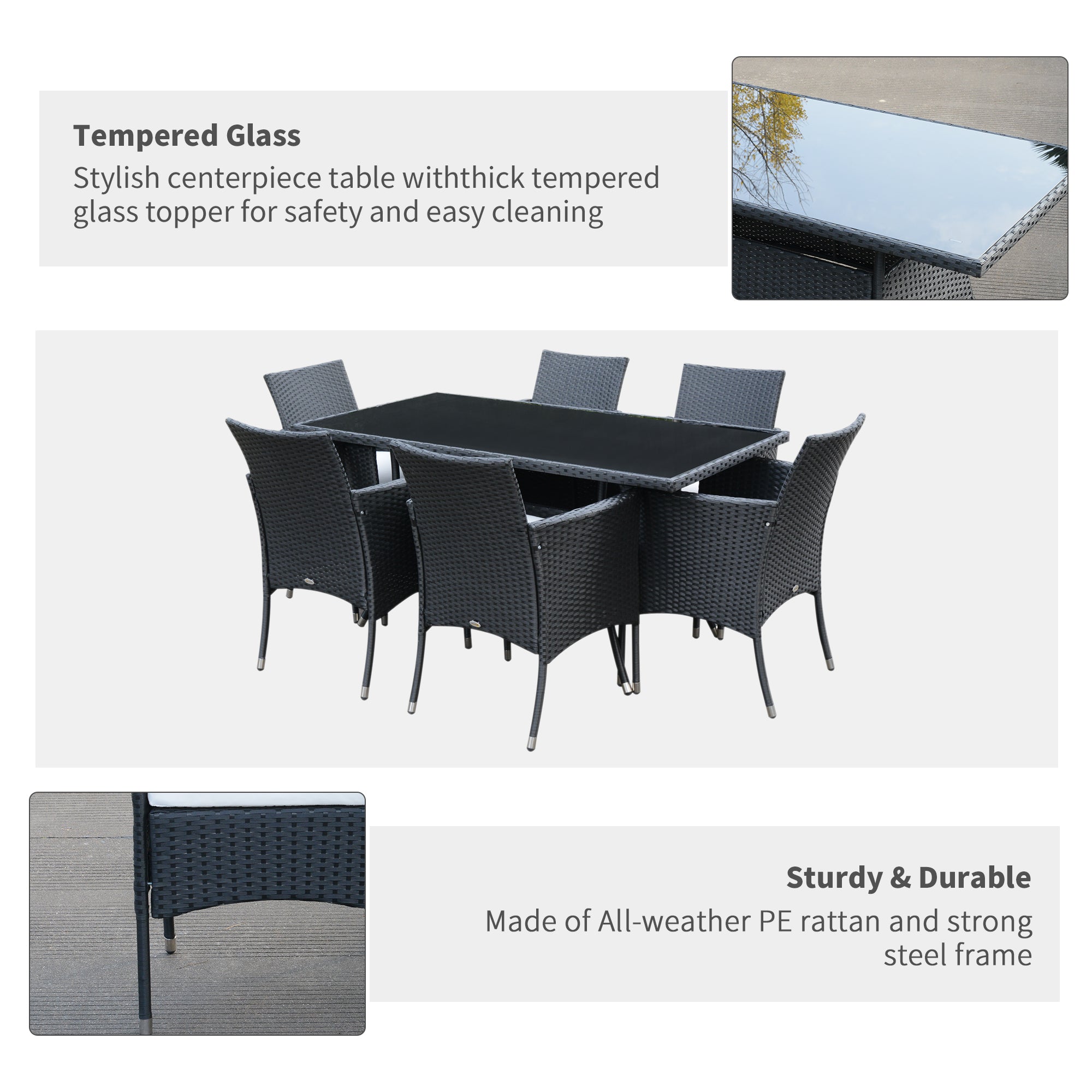 Outsunny 6 Seater Rattan Dining Set with Cushions, Rattan Garden Furniture Set with 6 Armchairs, Rectangular Glass Top Table, Outdoor Dining Table and Chairs, Black - North Peak Garden Furniture