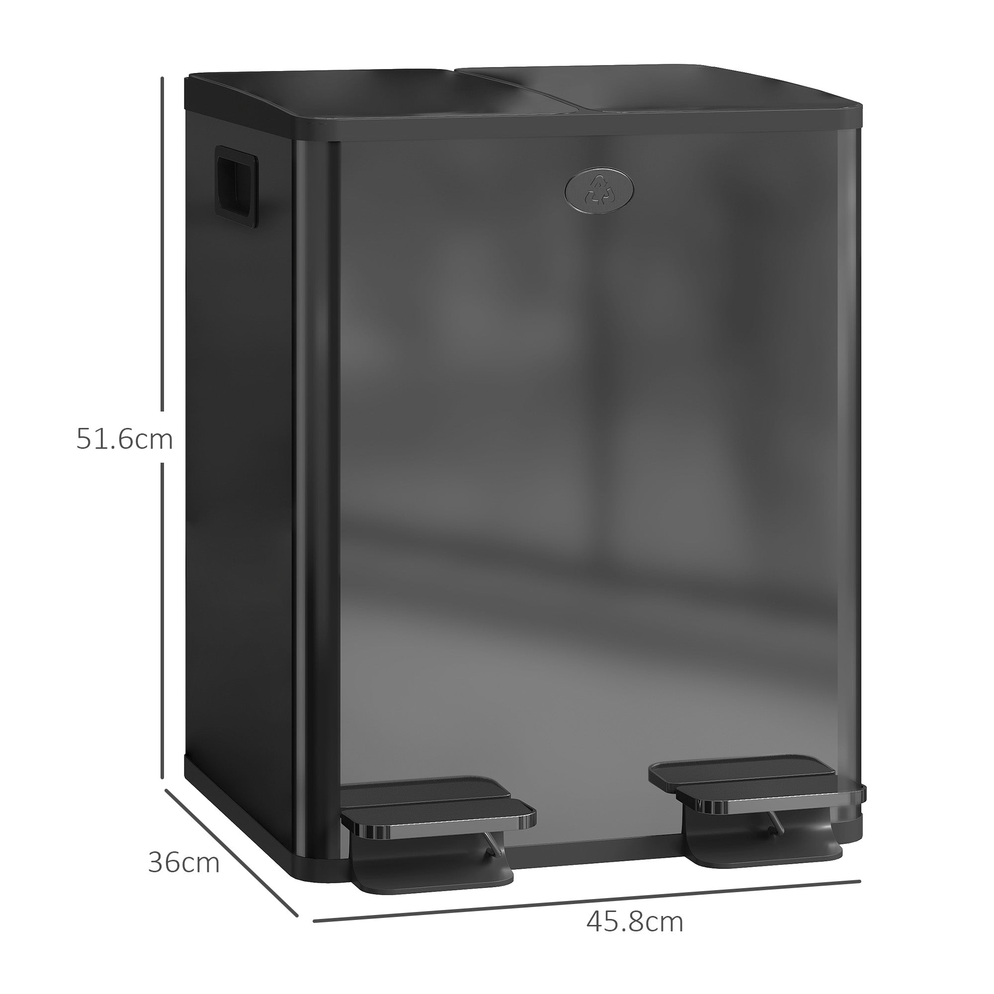 HOMCOM 40L Dual Compartment Stainless Steel Bin, with Deodoriser Holders - Black - North Peak Garden Furniture