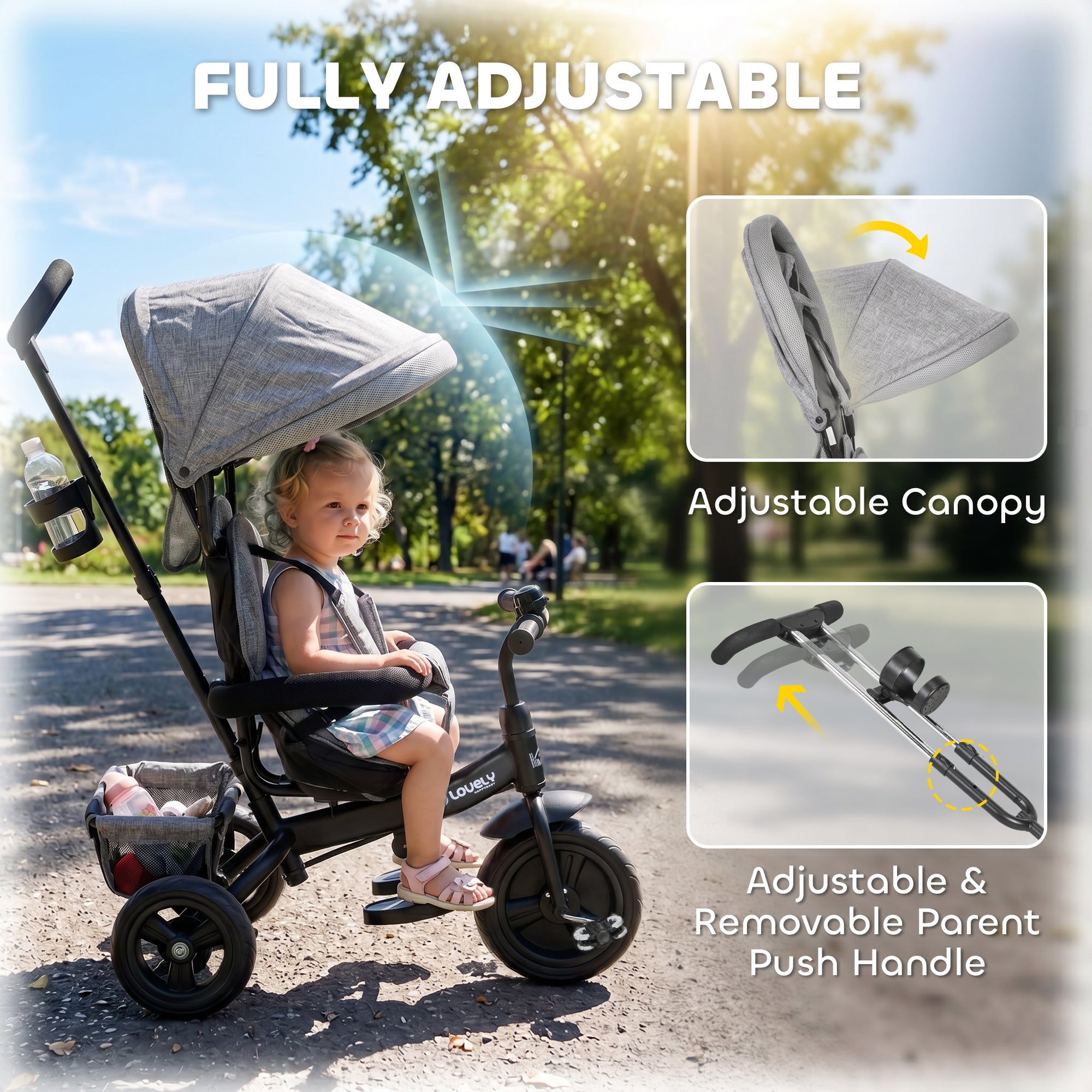 HOMCOM 6 in 1 Kids Trike Push Bike w/ Push Handle, Canopy, 5-point Safety Belt, Storage, Footrest, Brake, for 1-5 Years, Grey
