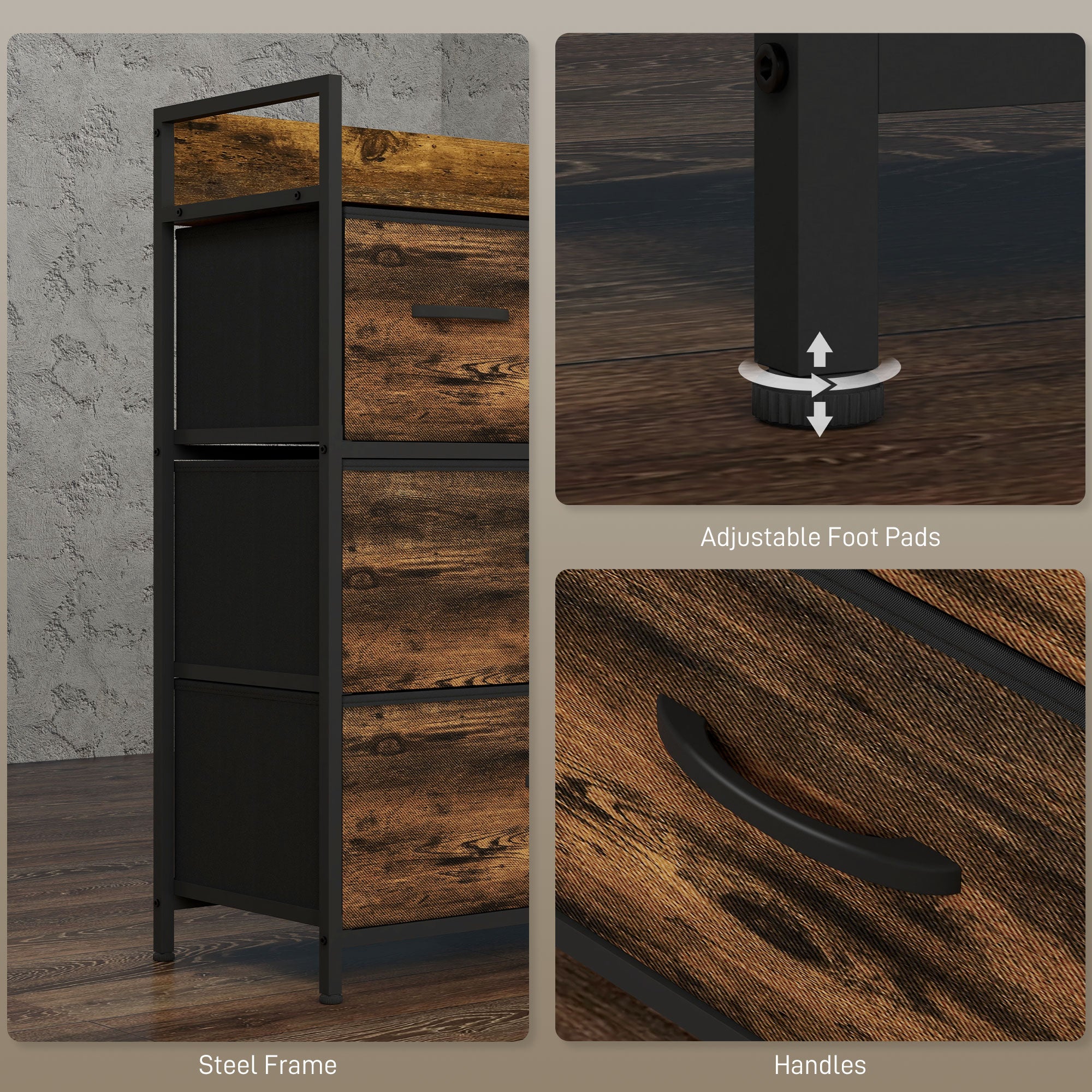 HOMCOM Rustic Chest of Four Fabric Drawers - Rustic Brown - North Peak Garden Furniture