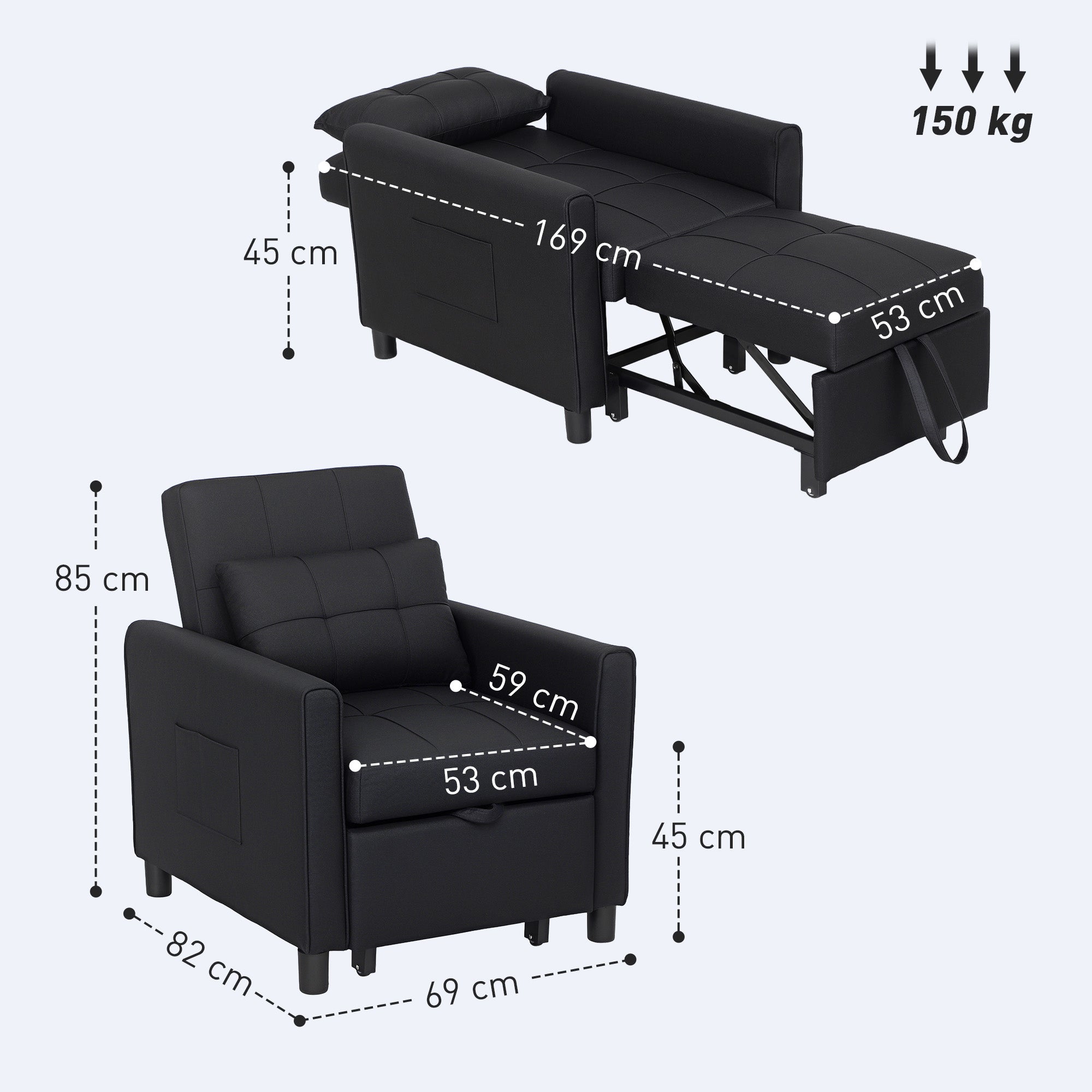 HOMCOM 3-In-1 Convertible Chair Bed, Pull Out Sleeper Chair with Adjustable Backrest, Side Pockets, Black - North Peak Garden Furniture