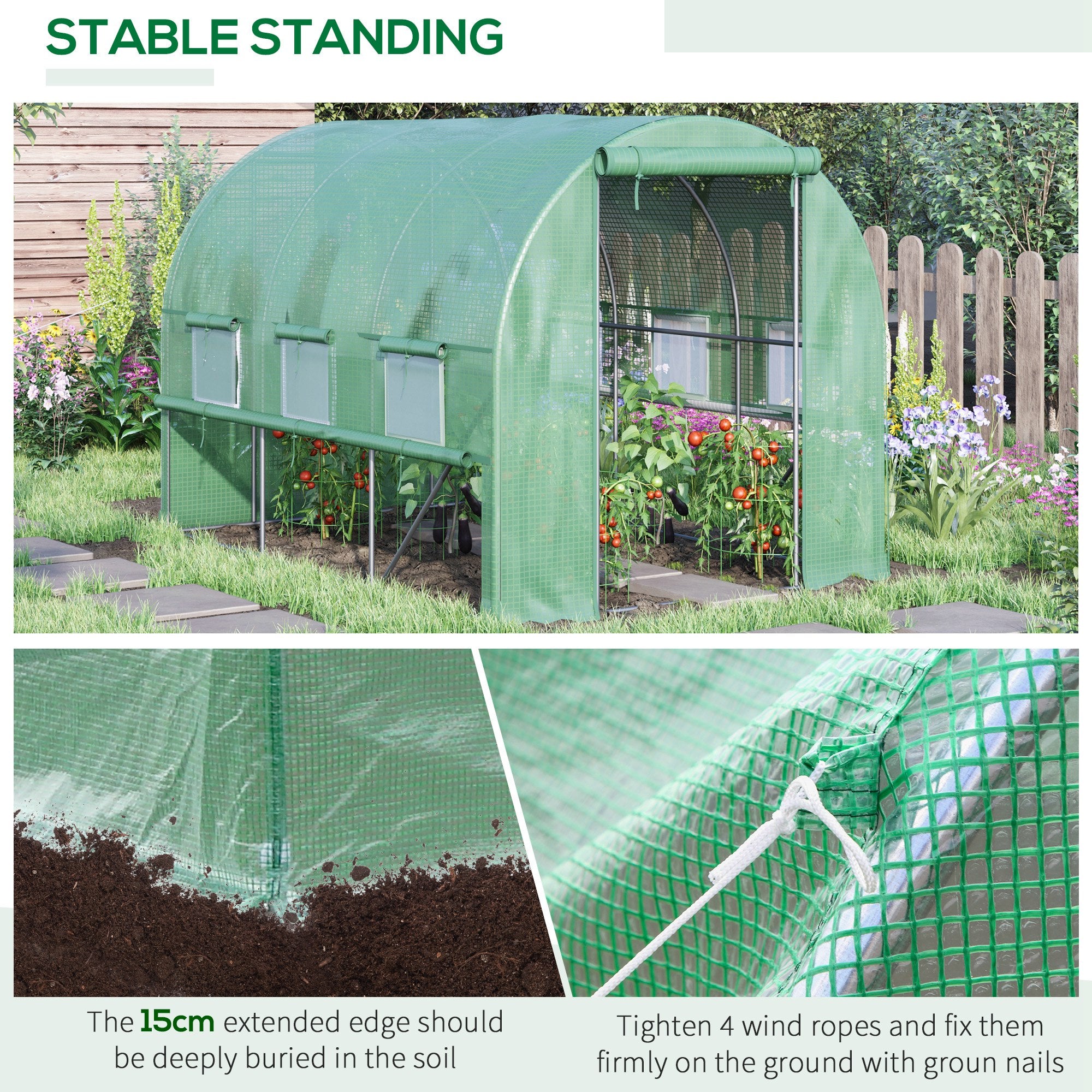 Outsunny Walk-in Polytunnel Greenhouse Green House with Roll-up Sidewalls, UV-resistant PE Cover, 3 x 2 x 2m, Green - North Peak Garden Furniture