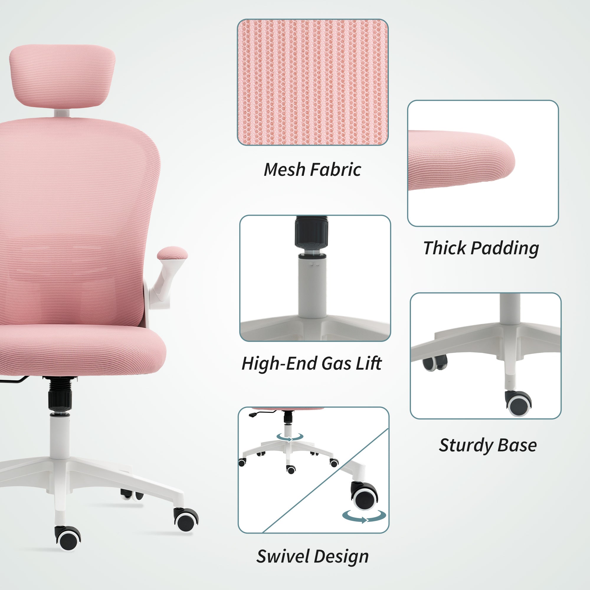 Vinsetto Multi-Adjustable Office Chair, with Lumbar Support, Headrest and Mesh Back - Pink - North Peak Garden Furniture