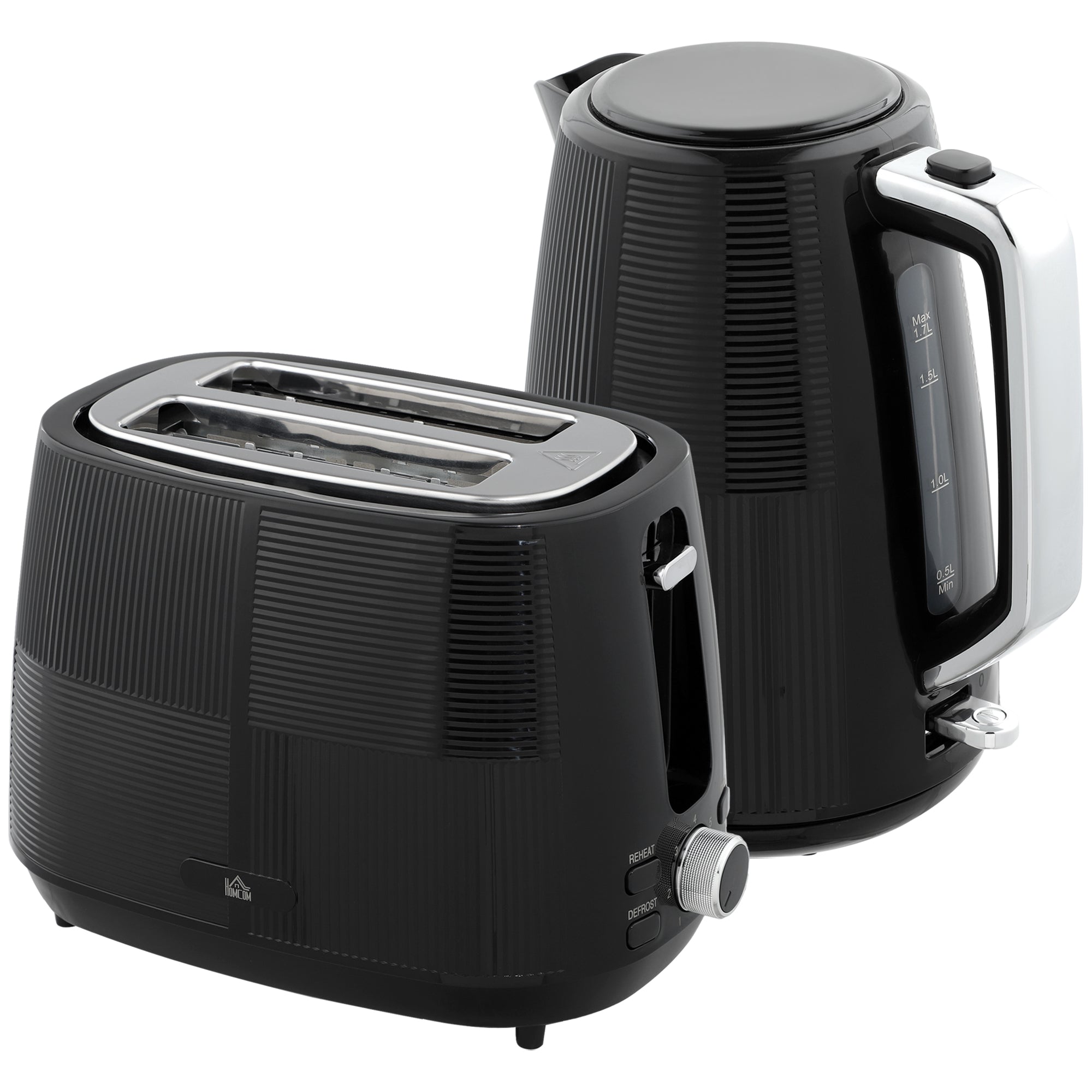 HOMCOM Kettle and Toaster Set, 1.7L 3000W Fast Boil Kettle & 2 Slice Toaster Kitchen Set with 7 Level Browning Controls, Defrost, Reheat, Boil-dry Protection, Black - North Peak Garden Furniture