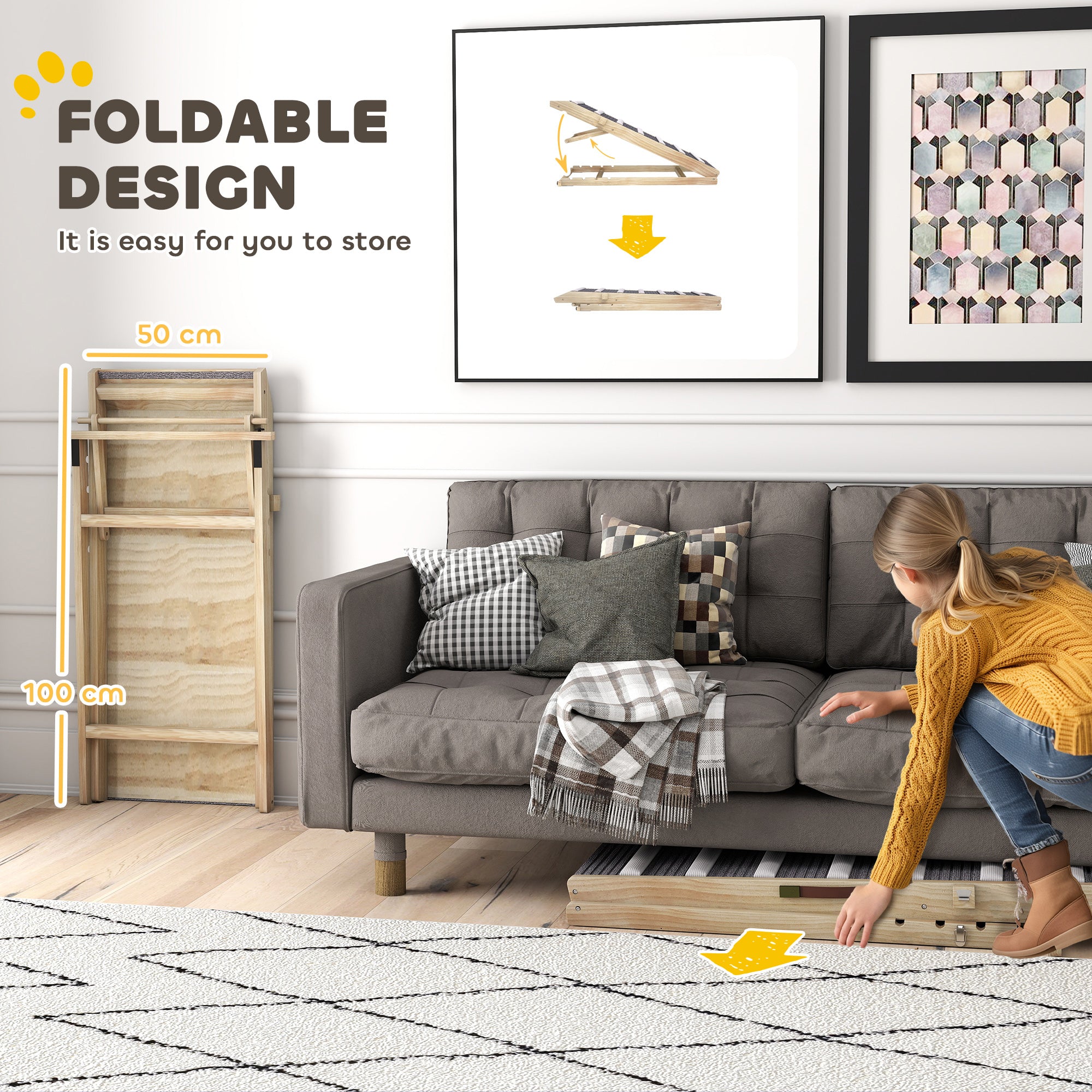 PawHut Dog Ramp for Couch, Adjustable Folding Pet Ramp, 4 Adjustable Height Dog Climbing Ladder, 35/43/47/50 cm Height