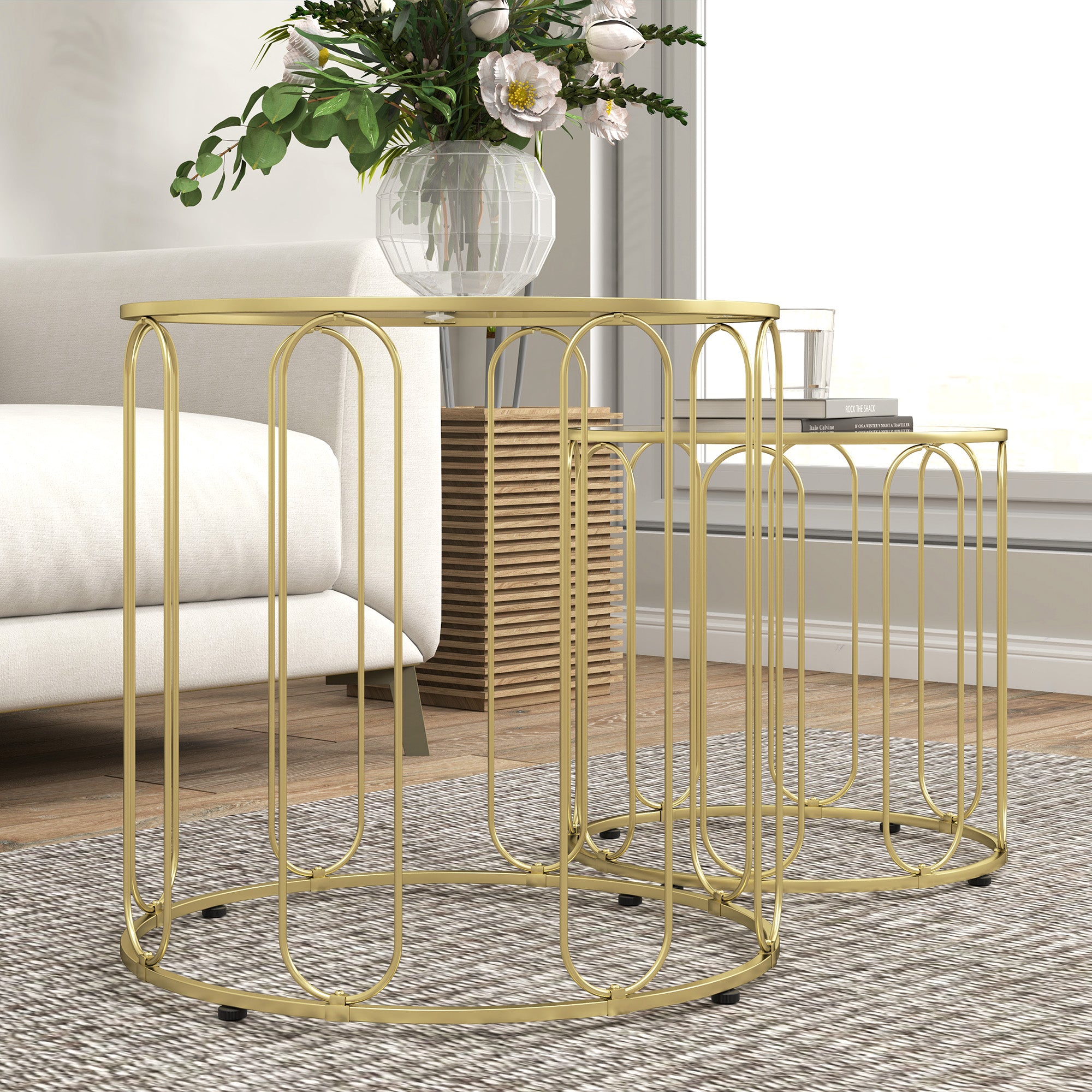 HOMCOM Round Coffee Table Set of 2, Glass Nest of Tables with Metal Frame and Tempered Glass Tabletop, Modern Side Tables for Living Room, Gold Tone - North Peak Garden Furniture