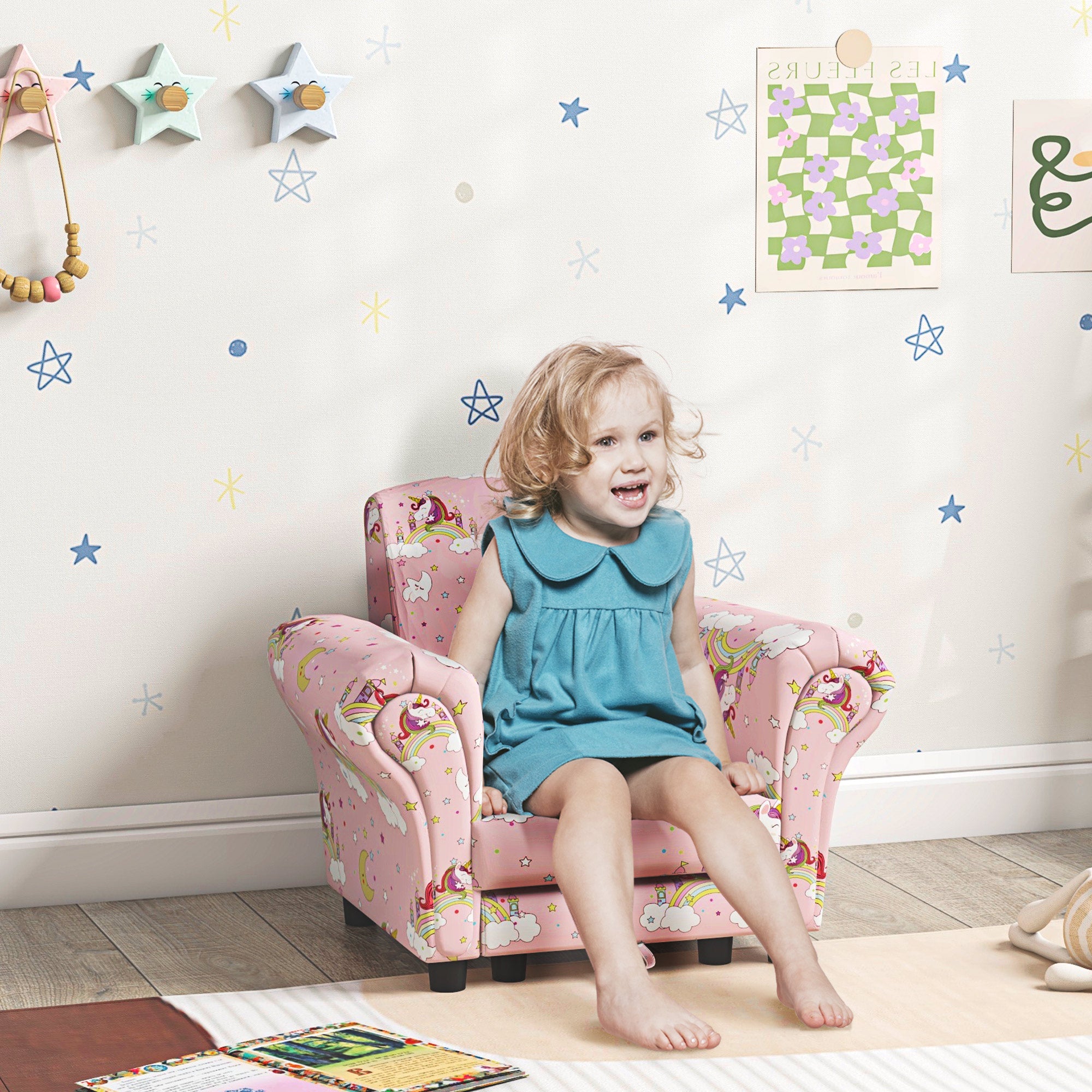 AIYAPLAY 2 Piece Kids Sofa Set with Unicorn Design, Wooden Frame, for 1.5-3 Years Old, Pink - North Peak Garden Furniture
