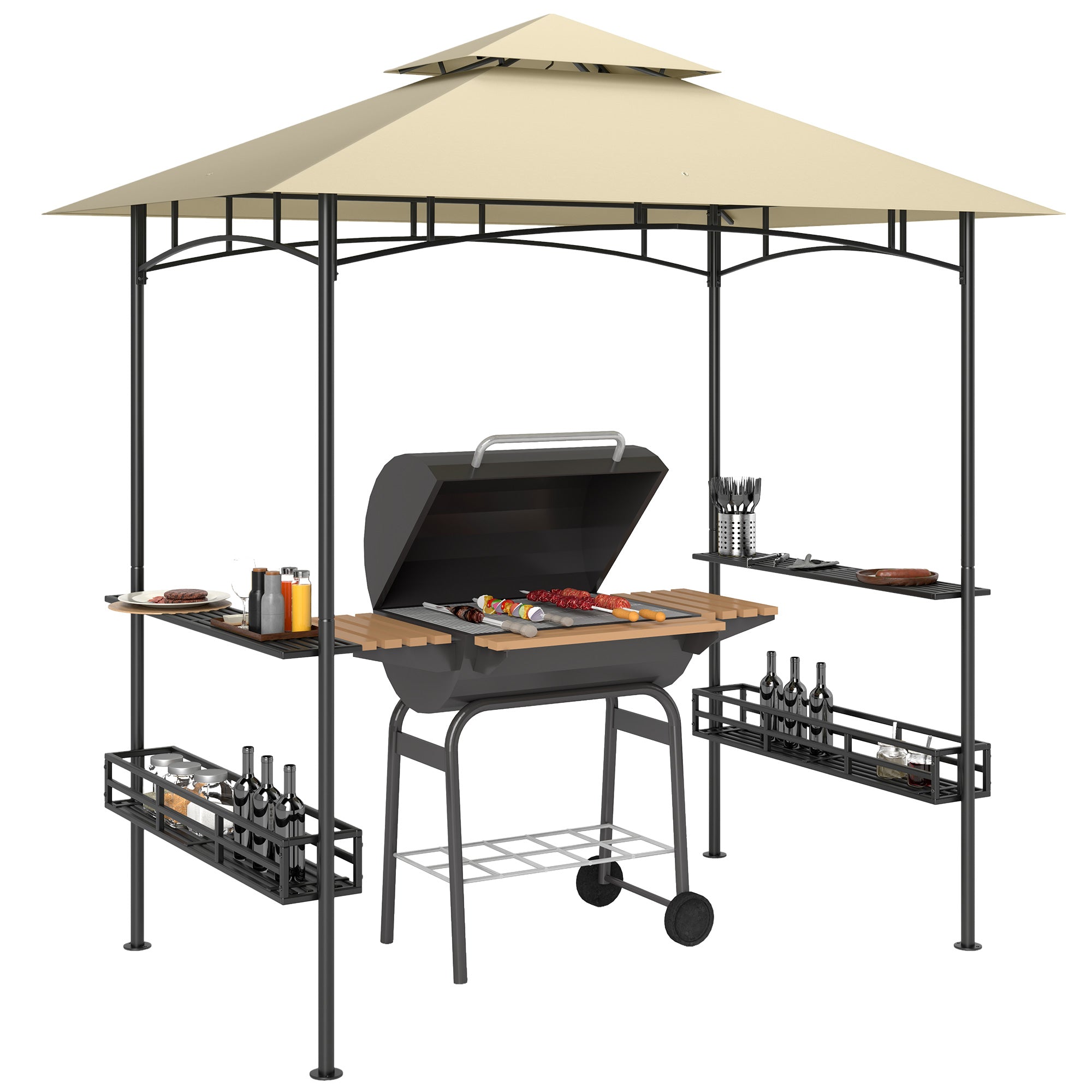 Outsunny 8' x 5' Grill Gazebo Canopy, Double Tiered Outdoor BBQ Gazebo Shelter with 2 Side Shelves, Storage Baskets, Hook for Garden, Patio, Barbecue, Picnic, Beige - North Peak Garden Furniture