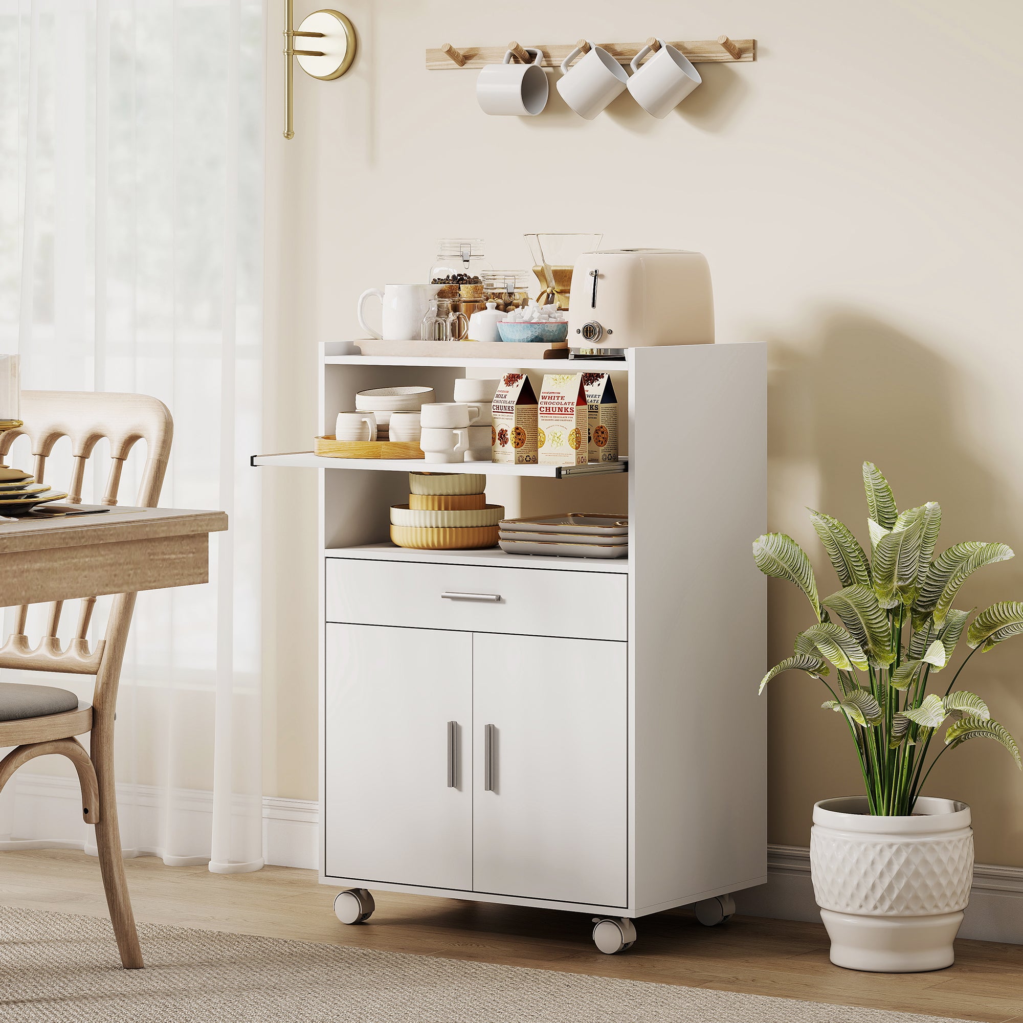 HOMCOM Kitchen Trolley with Wheels, Modern Mobile Microwave Stand with Slide-Out Shelf, Drawer and 2 Doors for Dining Room