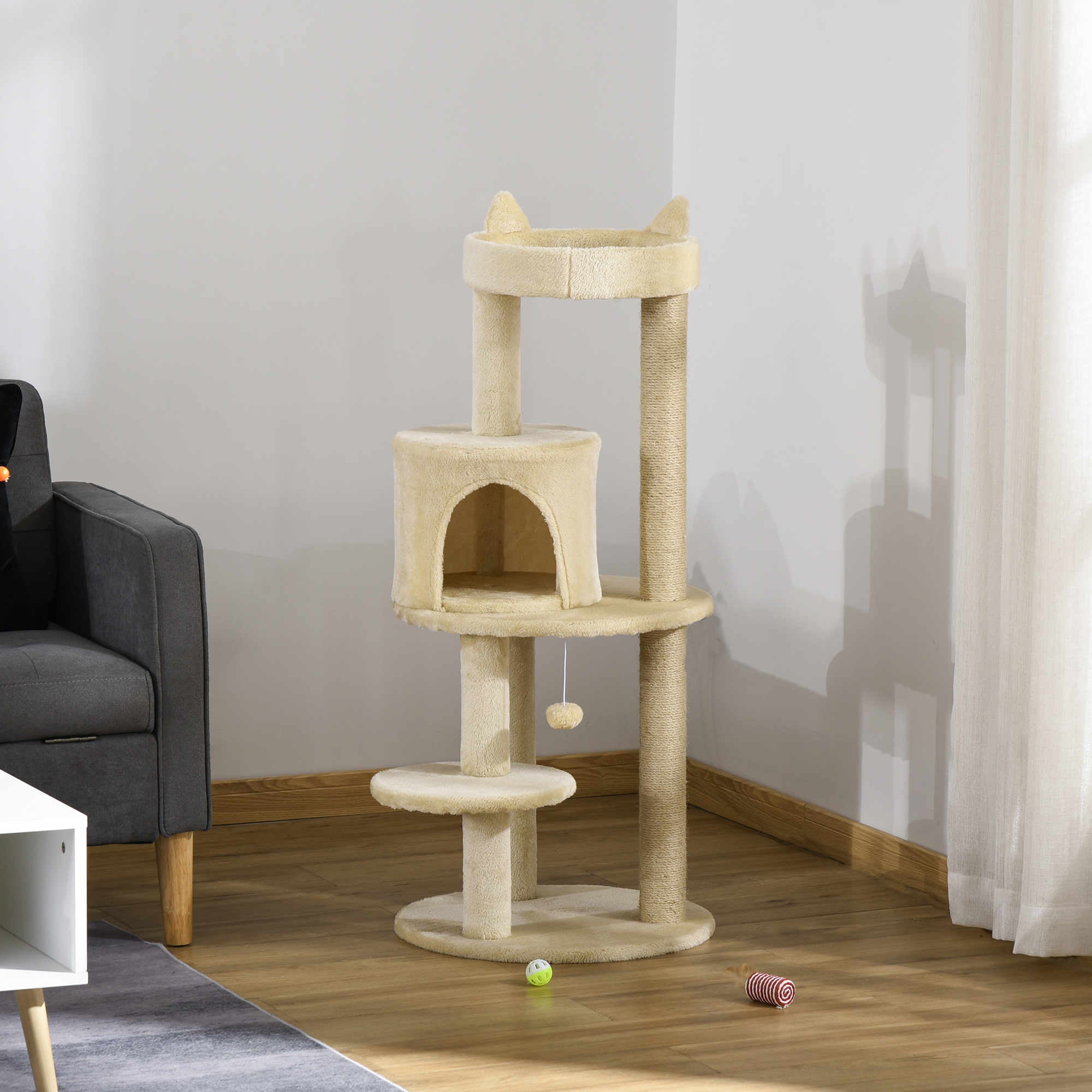 PawHut 104 cm Cat Tree, Cat Condo Tree Tower, Cat Activity Centre with Scratching Posts, Plush Perch, Hanging Ball - Cream White - North Peak Garden Furniture
