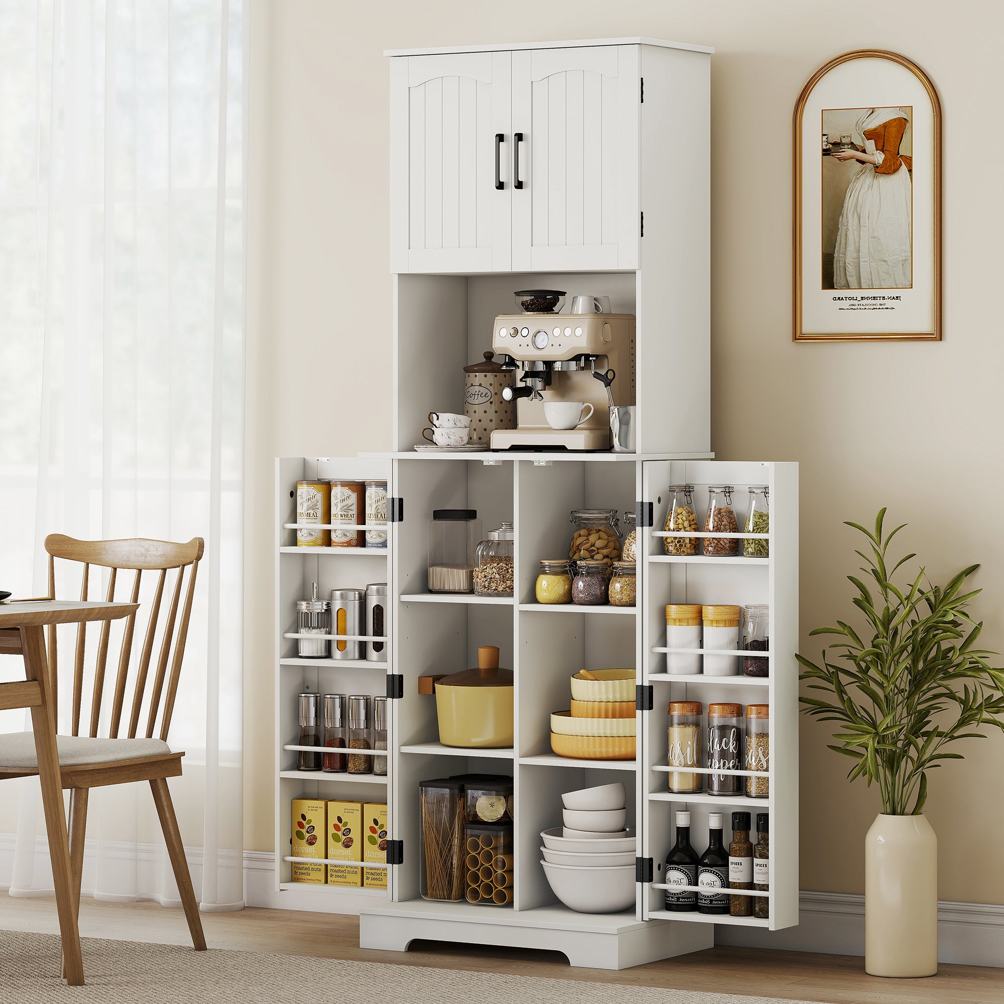 HOMCOM 181.5 cm Freestanding Storage Cabinet, Tall Kitchen Cupboard with Adjustable Shelves, 8 Door Spice Racks, White