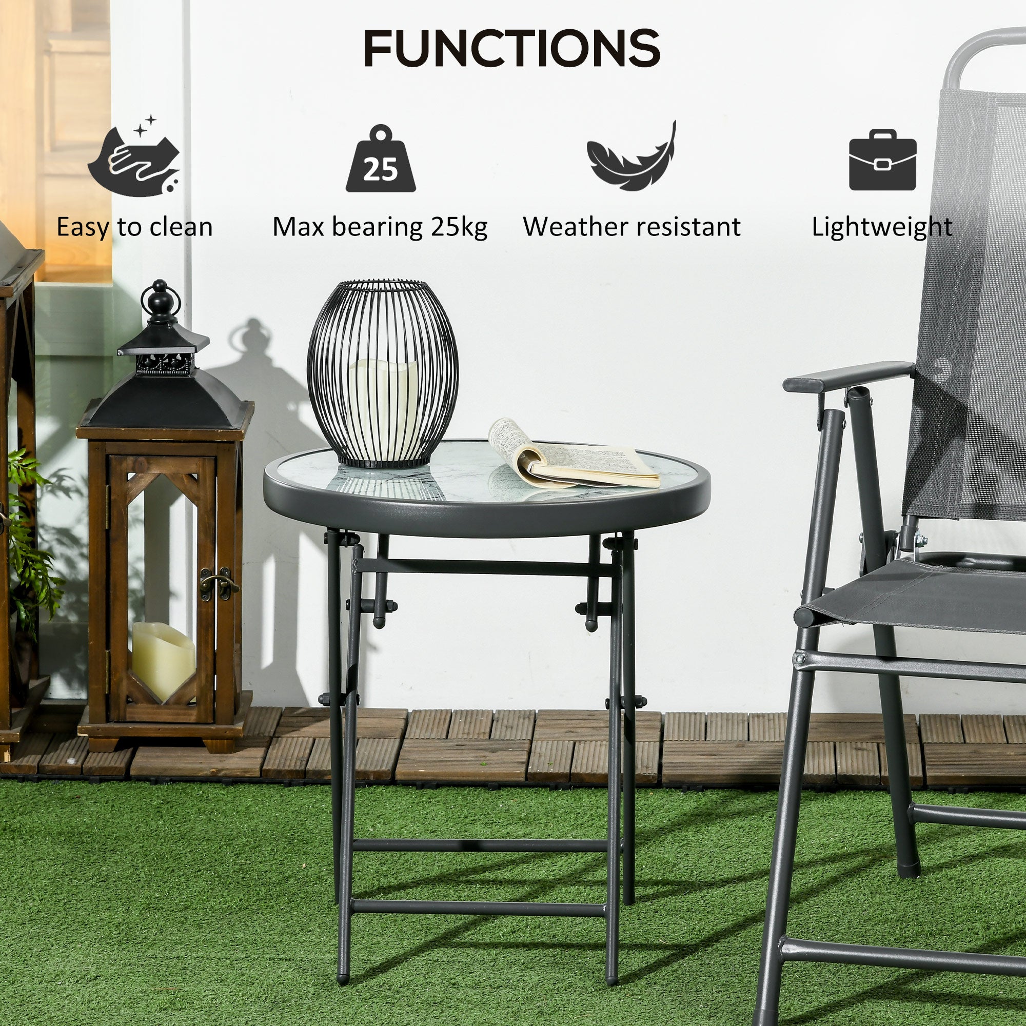 Outsunny Φ45cm Garden Side Table, Outdoor Round Folding Patio Table with Imitation Marble Glass Top, Small Coffee Table, White - North Peak Garden Furniture