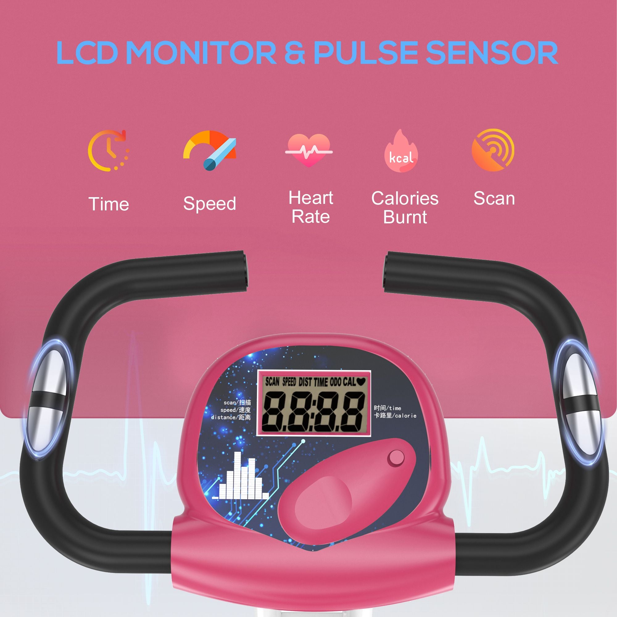 HOMCOM Exercise Bike Fitness Bicycle Indoor trainer Foldable 8-level Magnetic Resistance Adjustable w/LCD Monitor Pulse Sensor, Pink - North Peak Garden Furniture