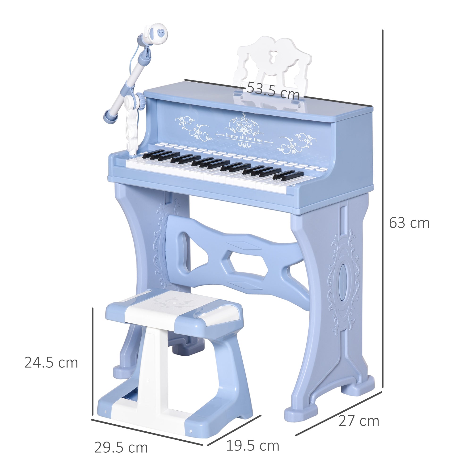 HOMCOM 37 Keys Kids Piano Mini Electronic Keyboard Light Kids Musical Instrument Educational Game Children Grand Piano Toy Set w/Stool & Microphone & Music Stand (Blue) - North Peak Garden Furniture