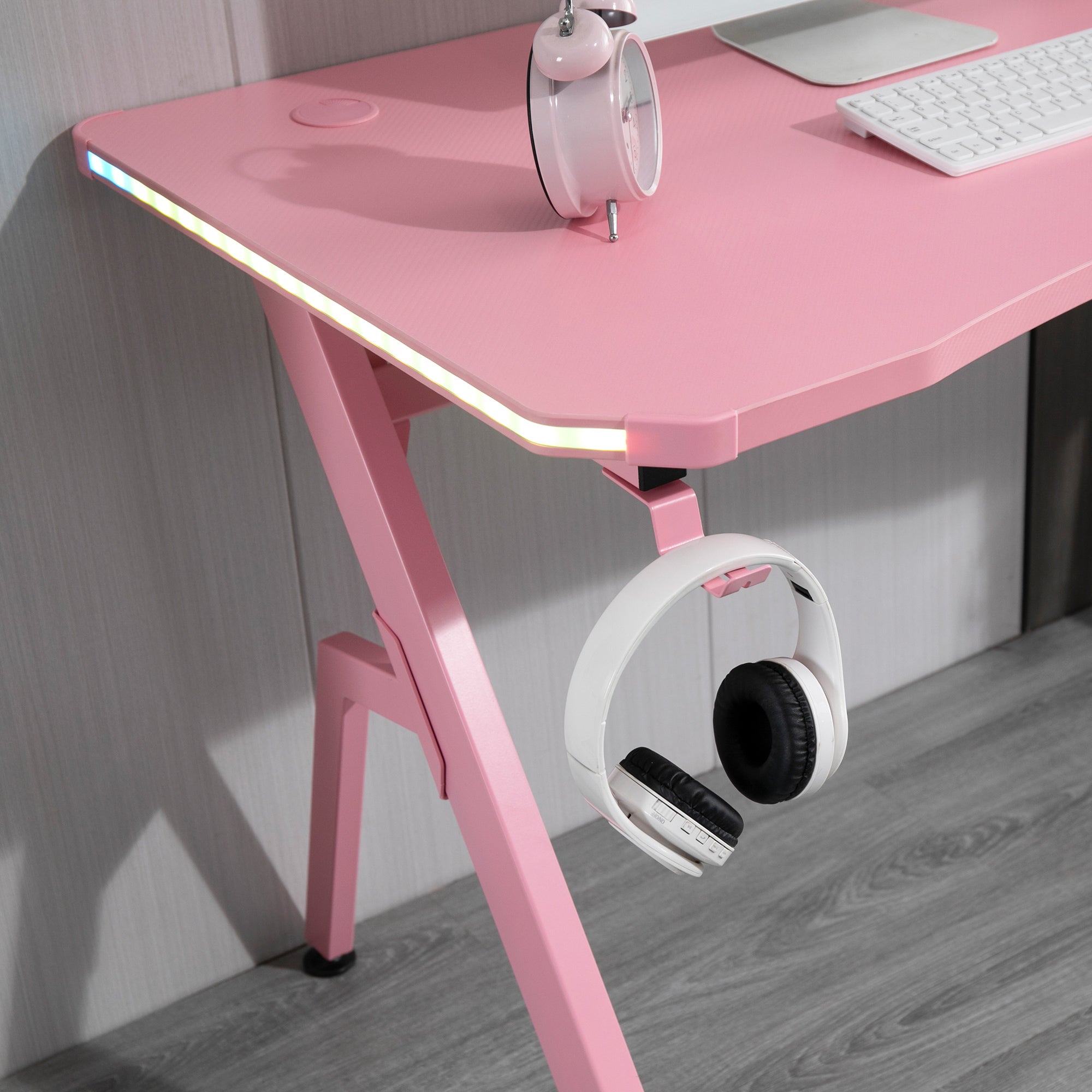 HOMCOM RGB 120 x 66cm Gaming Desk, Computer Table with Carbon Fibre Surface, Headphone Hook, Cup Holder, Controller Rack, Home Office Desk, Pink