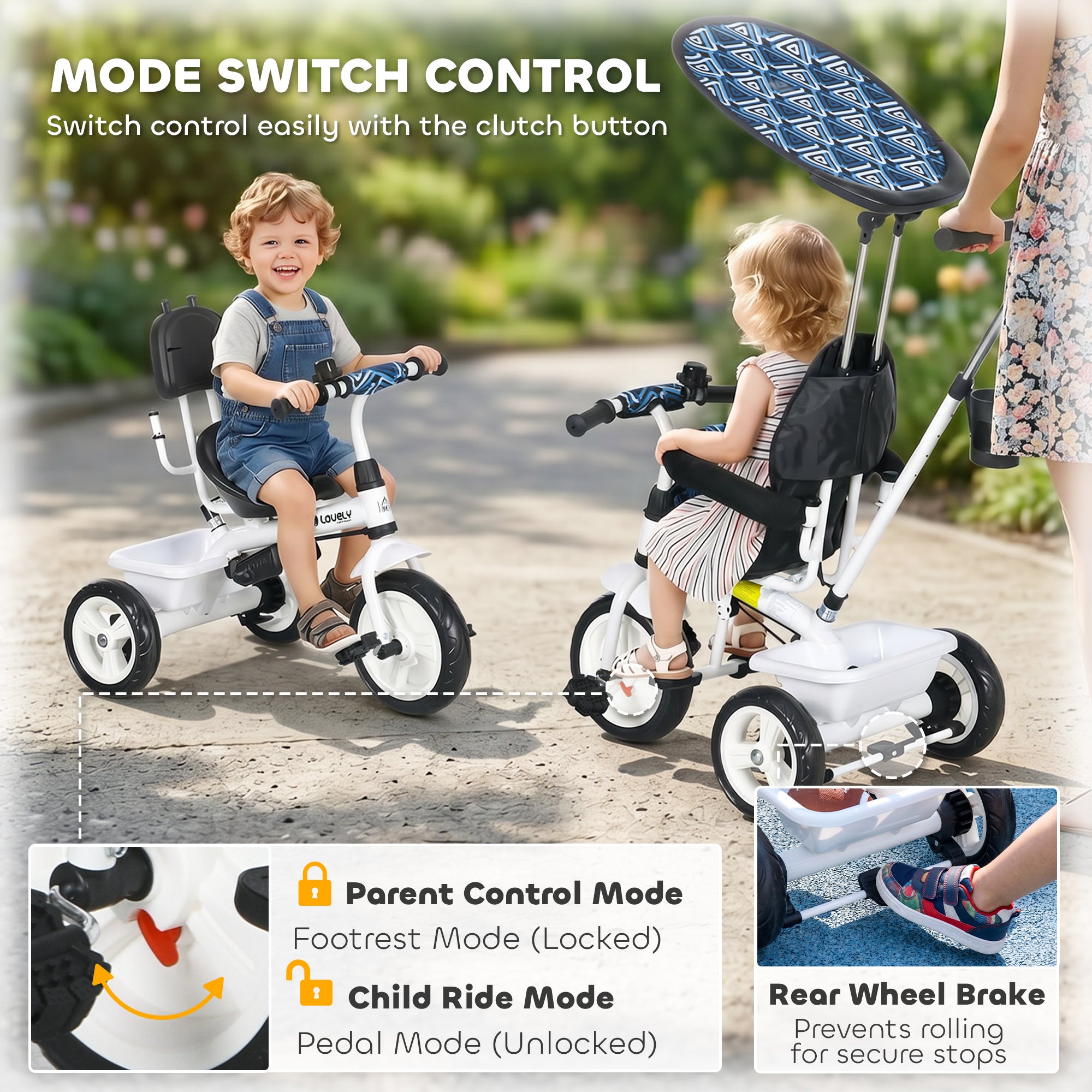 HOMCOM 6 in 1 Tricycle for Kids with 5-point harness straps, Removable Canopy, Blue