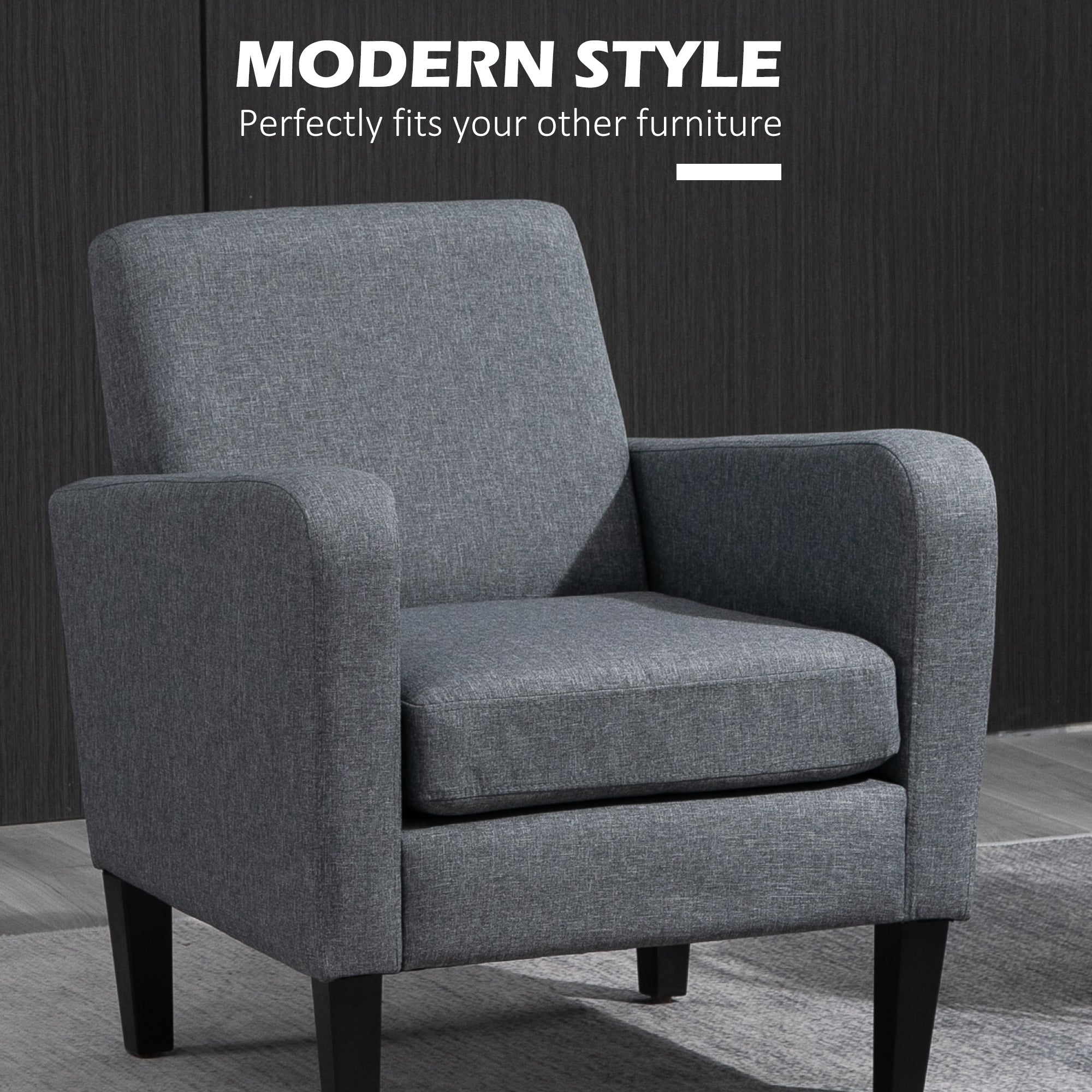 HOMCOM Modern Accent Chair, Occasional Chair with Rubber Wood Legs for Living Room, Bedroom, Grey - North Peak Garden Furniture