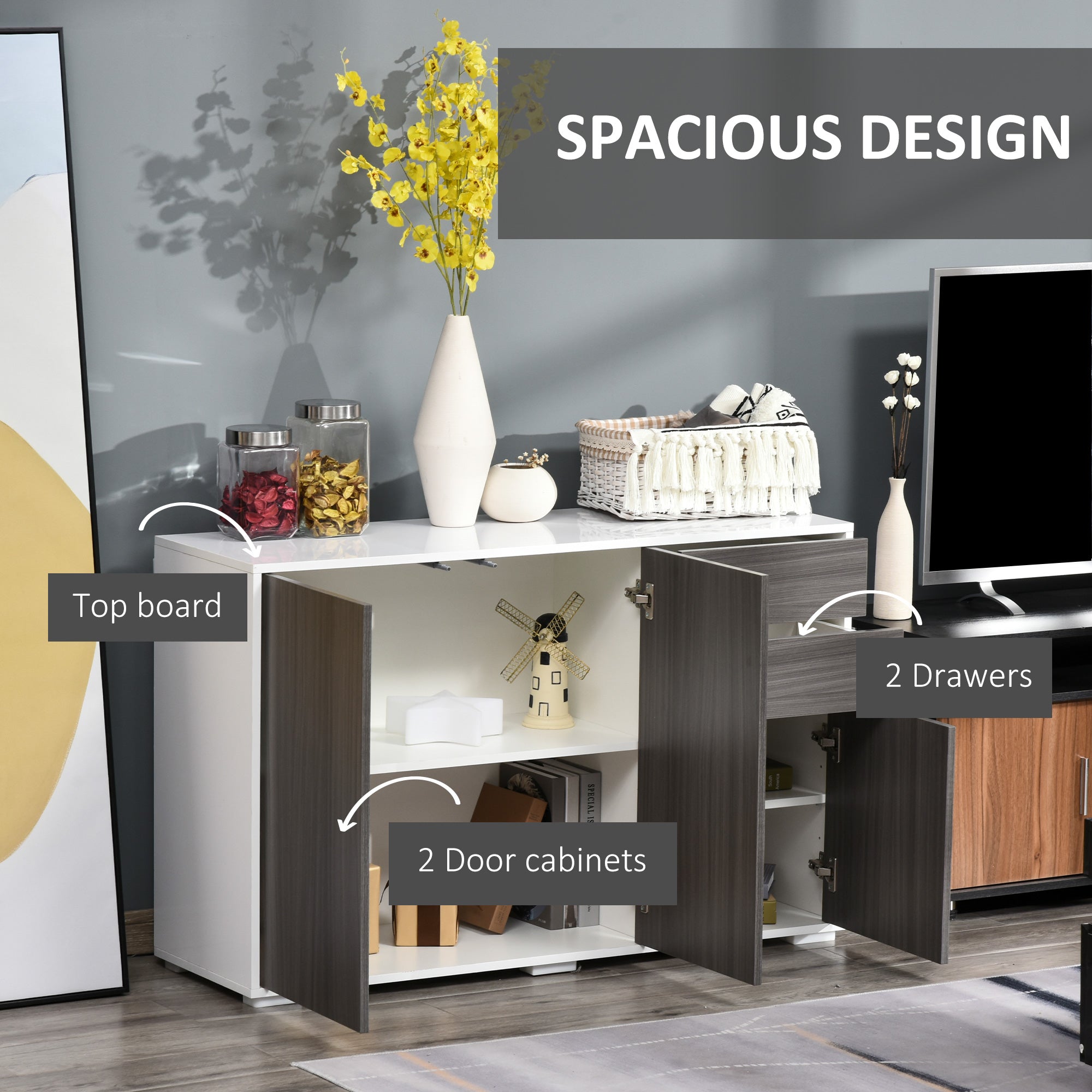 HOMCOM High Gloss Sideboard: Living Room/Bedroom Cabinet, Push-Open, 2 Drawers, Light Grey & White