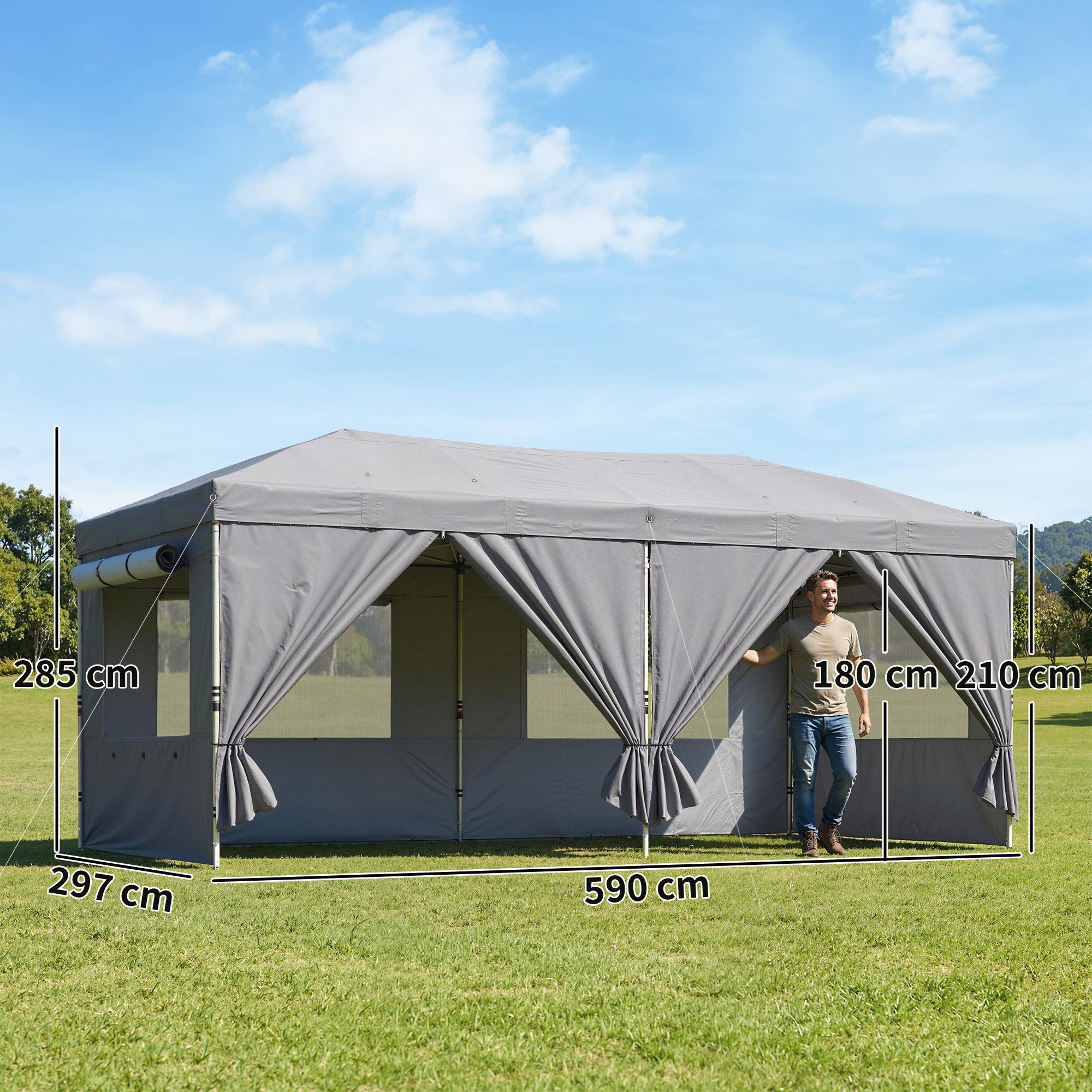 Outsunny 3 x 6 m Pop Up Canopy with UV50+ Protection Garden Gazebo with 6 Sidewalls, Dark Grey