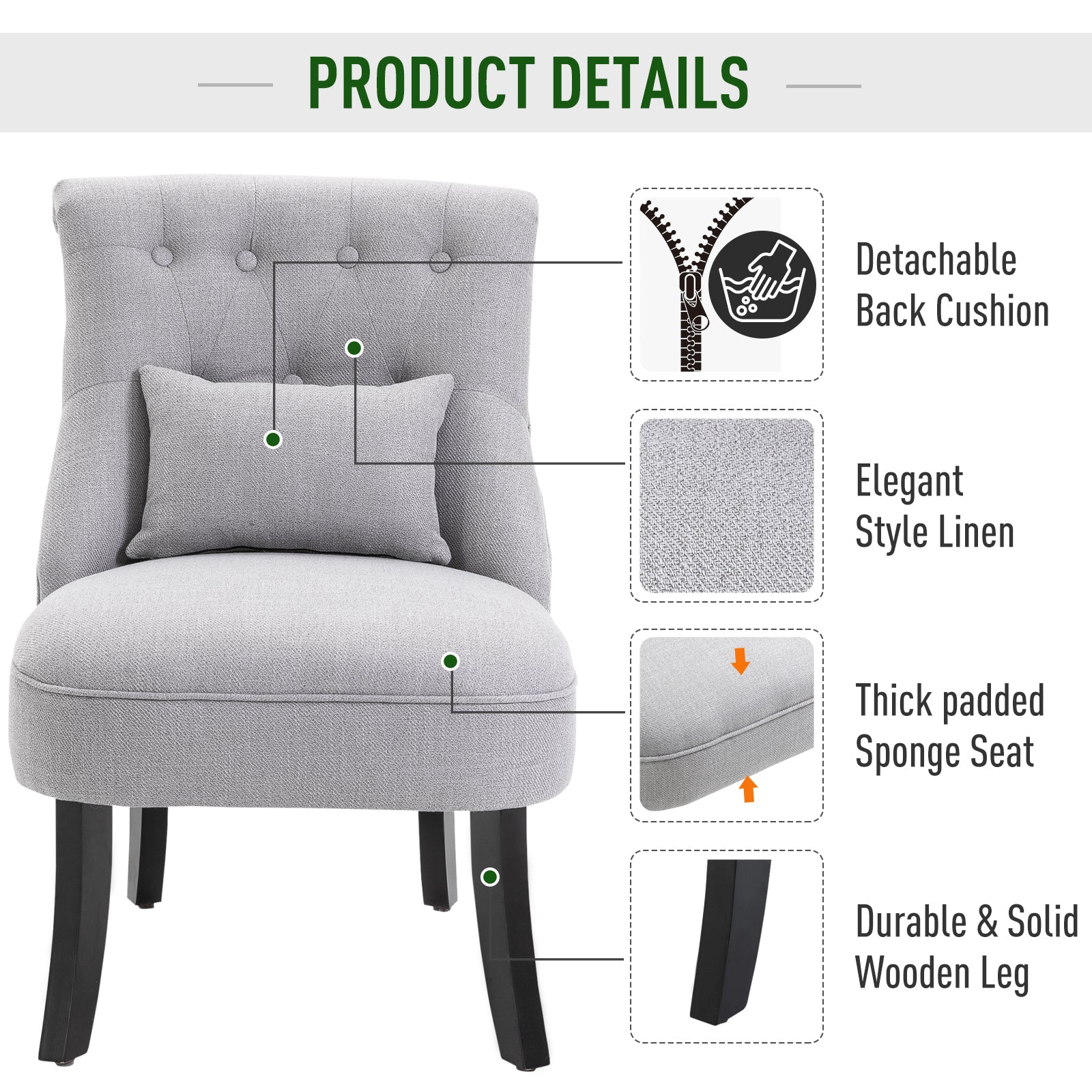 HOMCOM Fabric Single Sofa Dining Chair Tub Chair Upholstered W/ Pillow Solid Wood Leg Home Living Room Furniture Grey - North Peak Garden Furniture