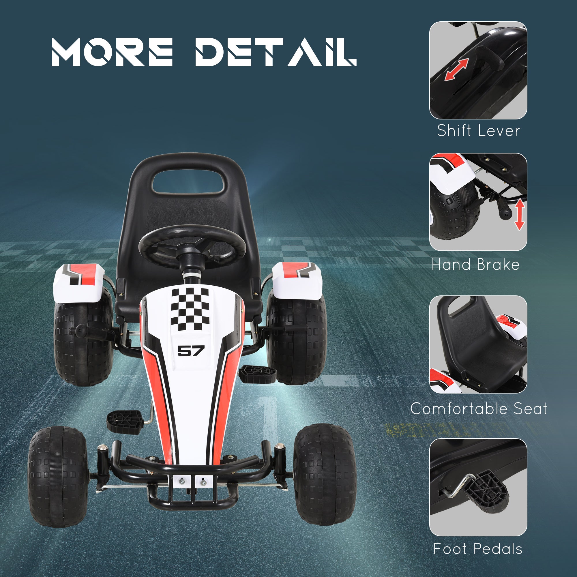 HOMCOM Kids Children Pedal Go Kart Manual Ride On Car w/ Brake Gears Steering Wheel Adjustable Seat 4 Smooth Wheels Racing-Style White 104 x 66 x 57 cm - North Peak Garden Furniture