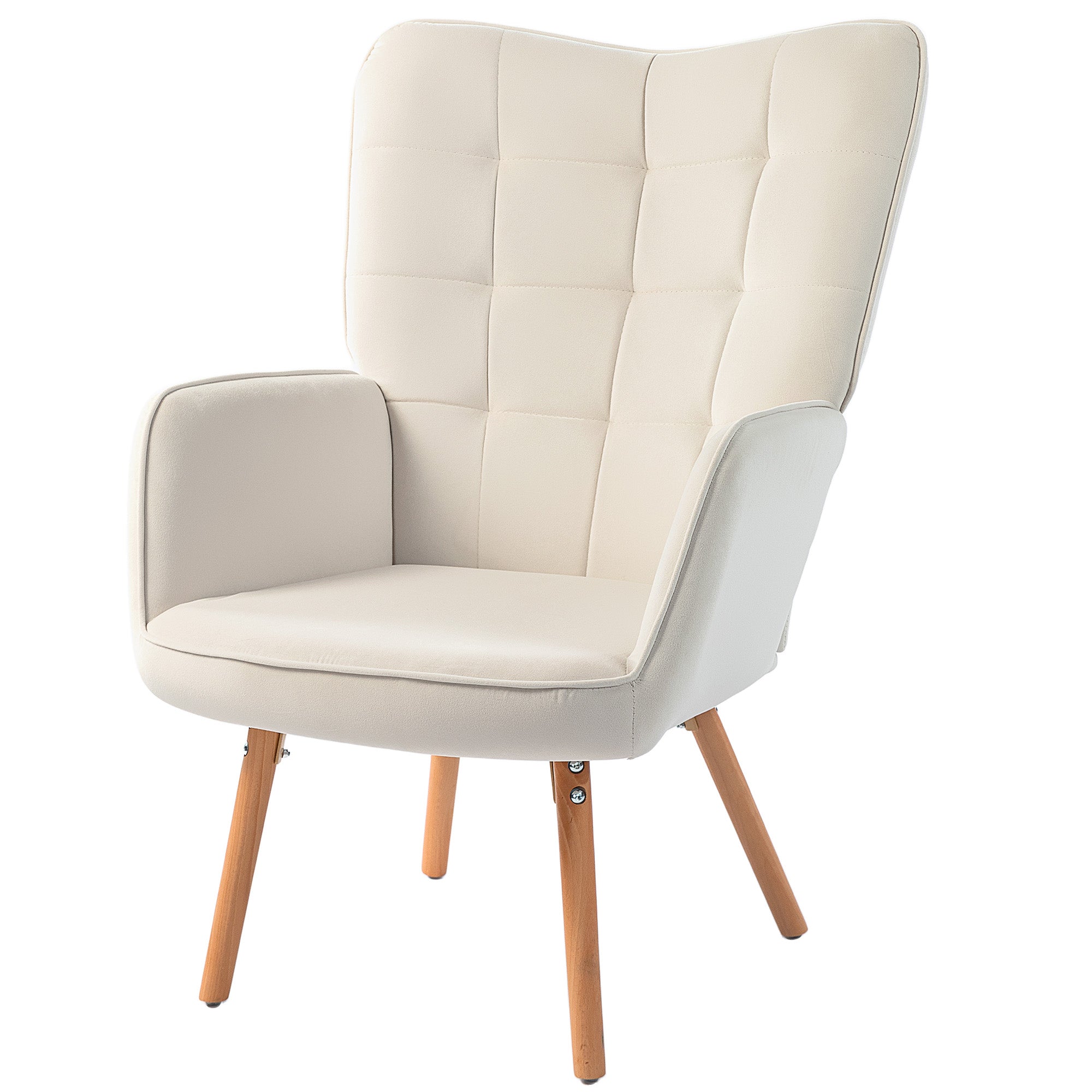 HOMCOM Modern Accent Chair Velvet-Touch Tufted Wingback Armchair Upholstered Leisure Lounge Sofa Club Chair with Wood Legs, Cream White - North Peak Garden Furniture