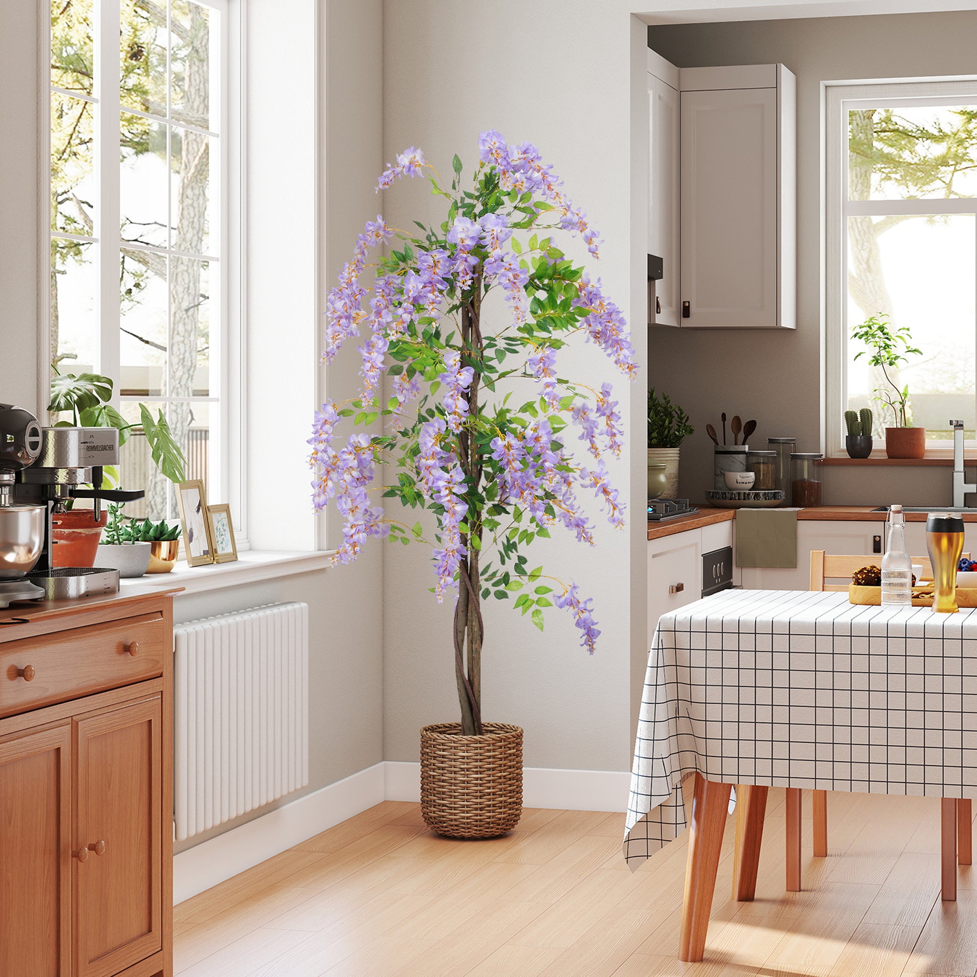 HOMCOM Artificial Wisteria Flower, Tall Fake Plant with 756 Leaves and 54 Flowers in Pot, Decorative Artificial Plant for Home Indoor Decor, 180 cm, Purple - North Peak Garden Furniture