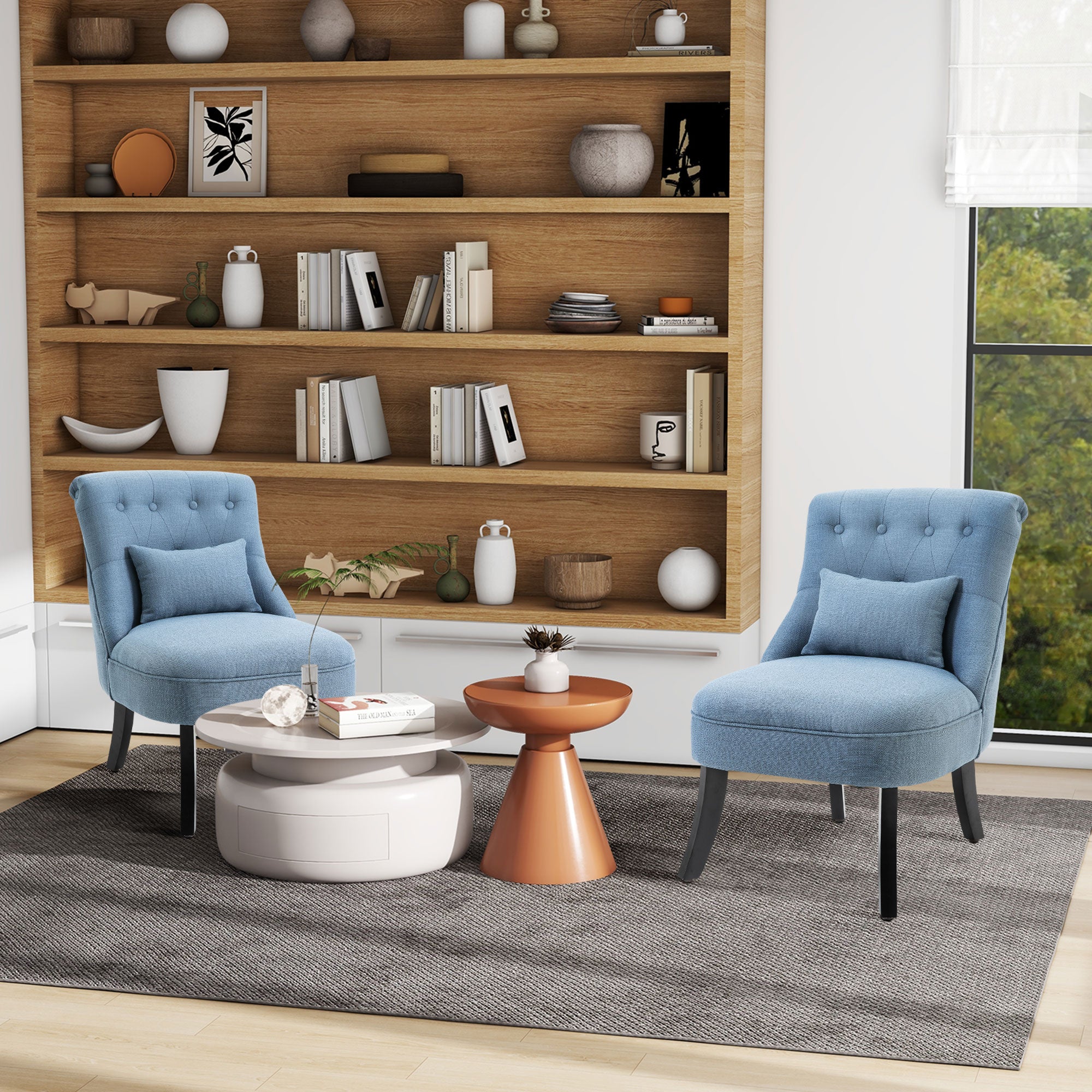 HOMCOM Fabric Single Sofa, Tub Chair, Upholstered Bedroom Chair with Pillow, Solid Wood Leg for Home, Living Room, Dining Room, Set of 2, Blue - North Peak Garden Furniture
