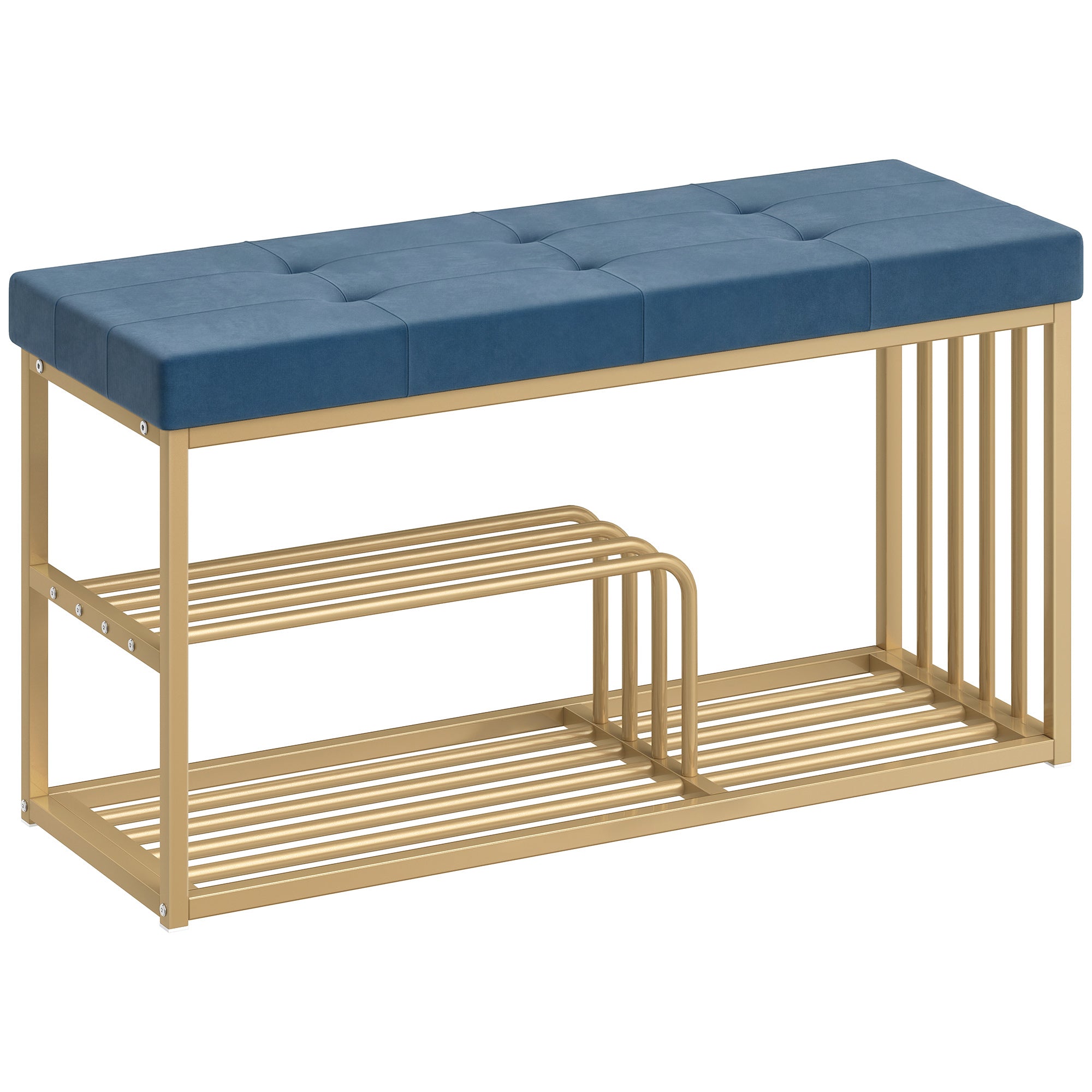 HOMCOM Bench and Shoe Storage, Tufted Shoe Storage Bench with Velvet Seat Cushion Gold Steel Frame for Entryway, Dark Blue