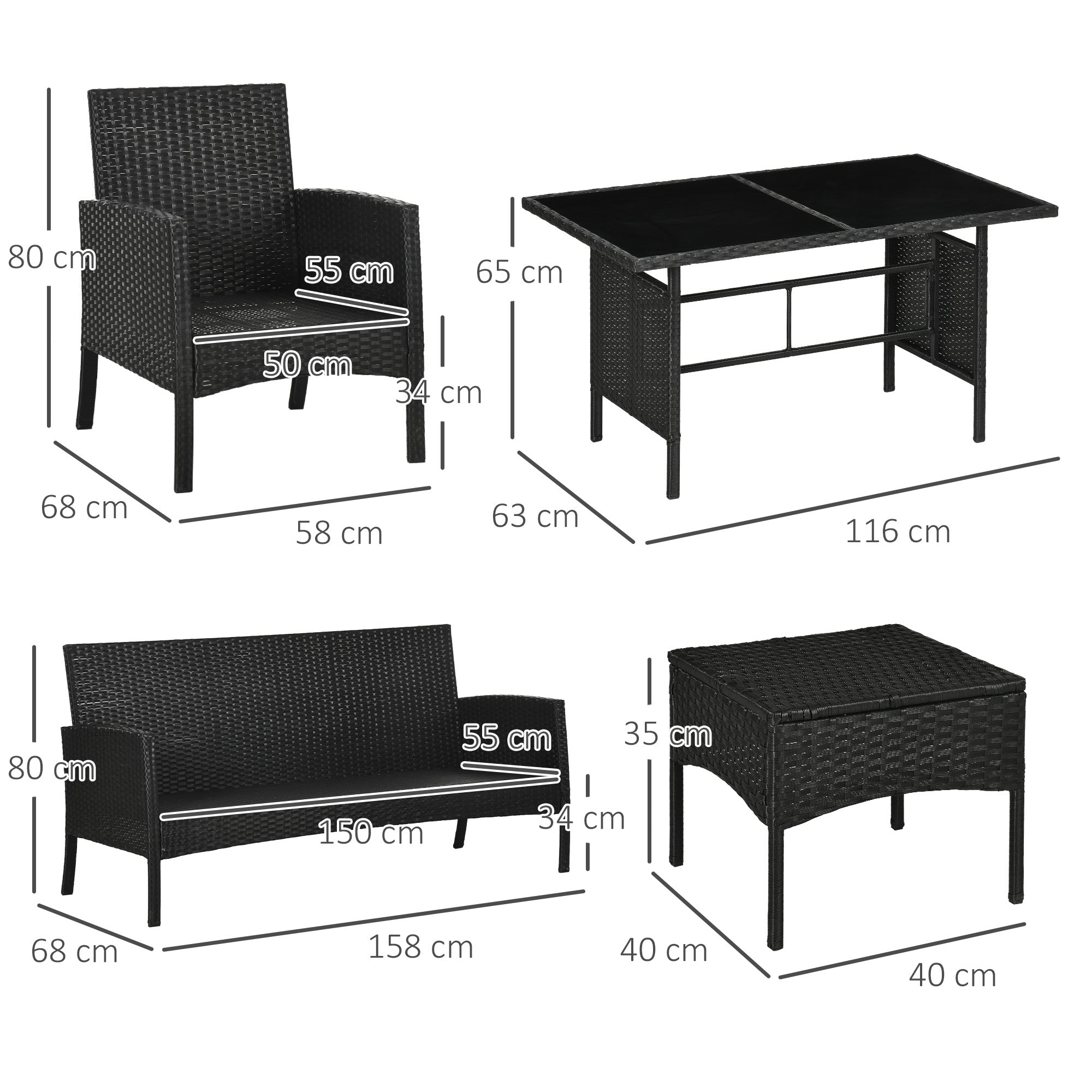 Outsunny 5 Seater Rattan Garden Furniture Set, 2 Armchairs, 3-seater Wicker Sofa, 2 Footstools and Glass Table, 6 Piece Patio Rattan furniture Sofa Sets with Cushions for Conservatory, White - North Peak Garden Furniture