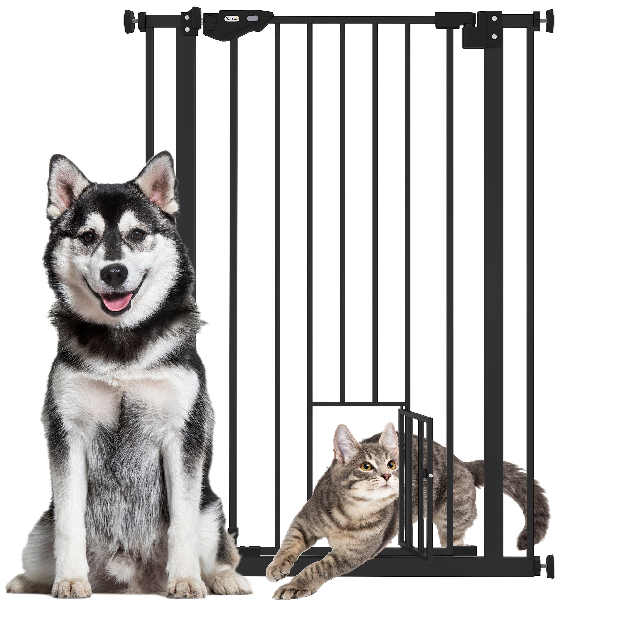 PawHut Extra Tall Pet Gate, Indoor Dog Safety Gate, with Cat Flap, Auto Close, 74-80cm Wide - Black