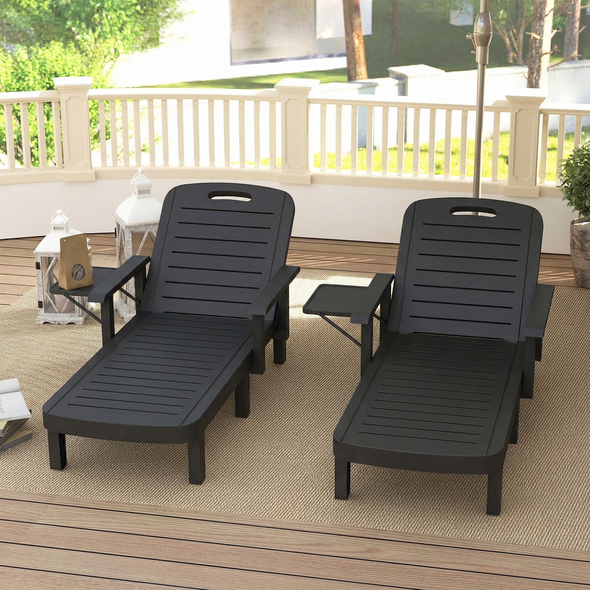 Outsunny Set of 2 Reclining Sun Loungers, 5 Positions Adjustable Outdoor Chaise Lounge Chair with Armrests, Black