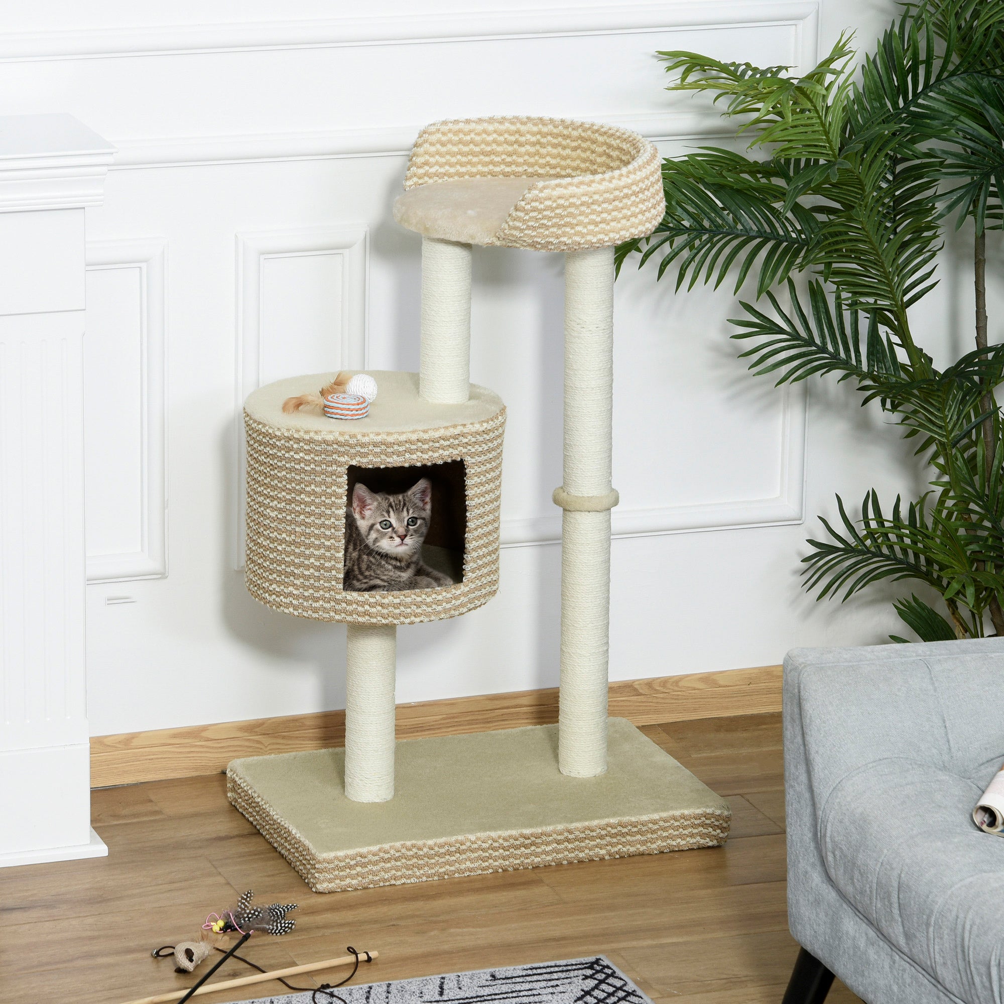 PawHut Multi-Level Cat Tree with Jute Scratching Posts, Condo, Perch, Climbing Frame, Plush Fabric for Kittens