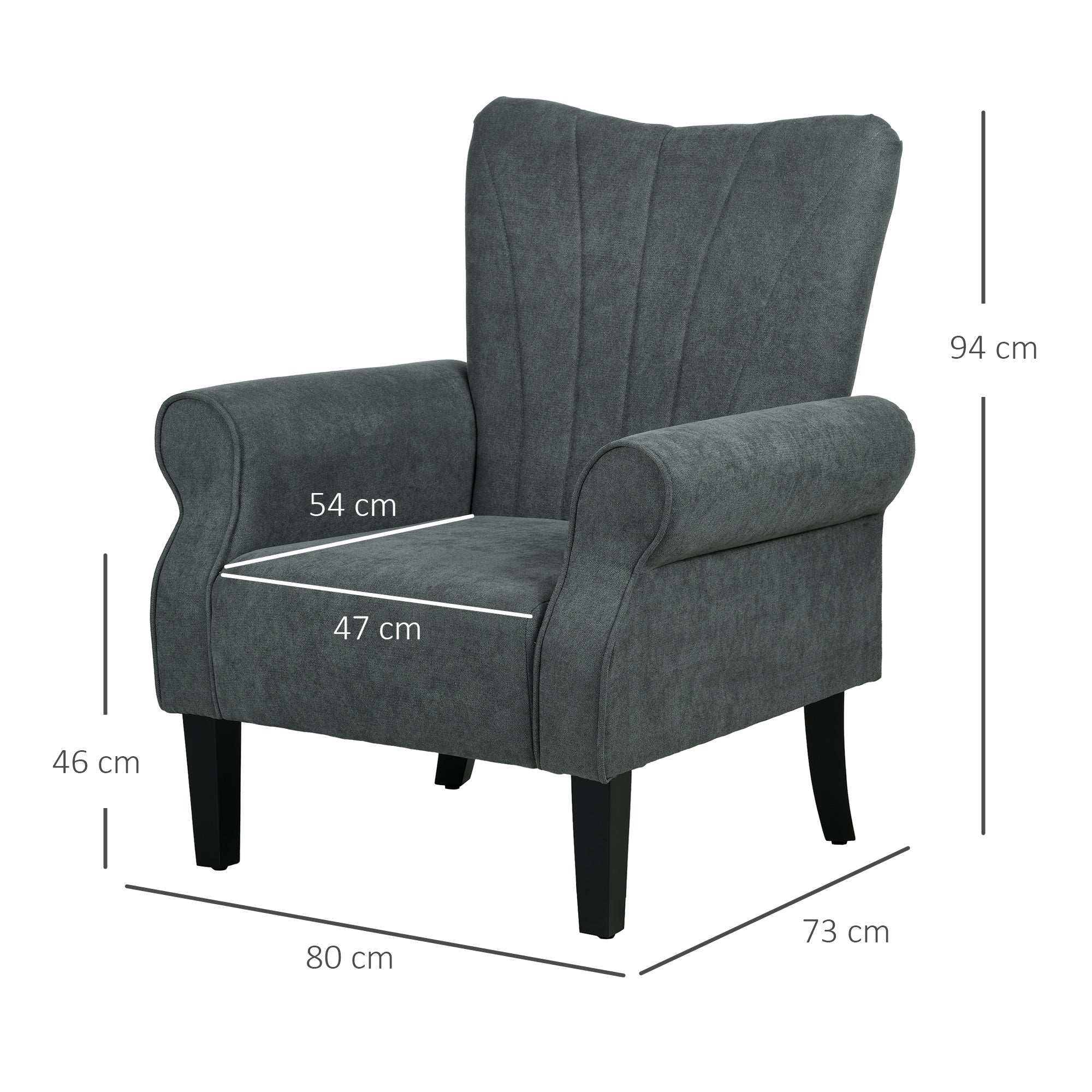 HOMCOM Upholstered Accent Chair with High Back, Rolled Arms and Wood Legs, Soft Thick Padded Armchair, Grey - North Peak Garden Furniture