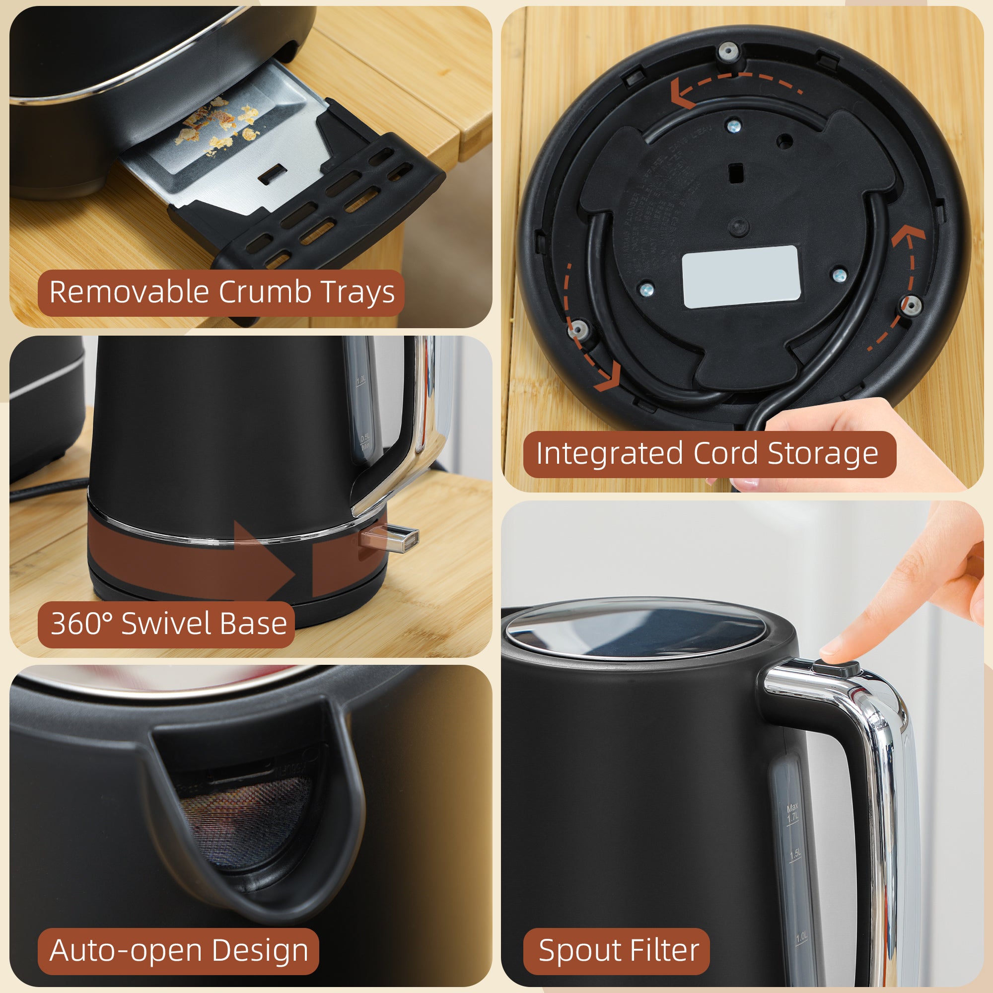 HOMCOM Kettle and Toaster Set, 1.7L 3000W Fast Boil Kettle & 2 Slice Toaster Kitchen Set with 6 Level Browning Controls, Defrost, Reheat, Black - North Peak Garden Furniture