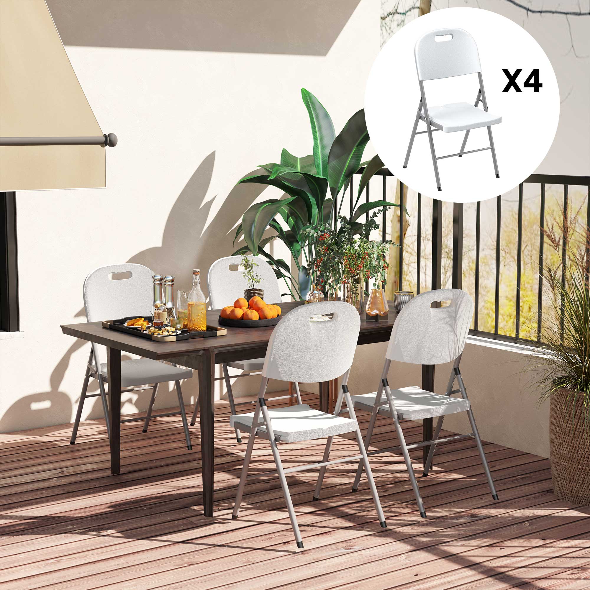 Outsunny Folding Chair Set of 4 with Steel Frame, Outdoor Chair Set with HDPE Backrest, Seat and Handles for Mobility, Garden Chair Set for Patio Deck Balcony, White - North Peak Garden Furniture