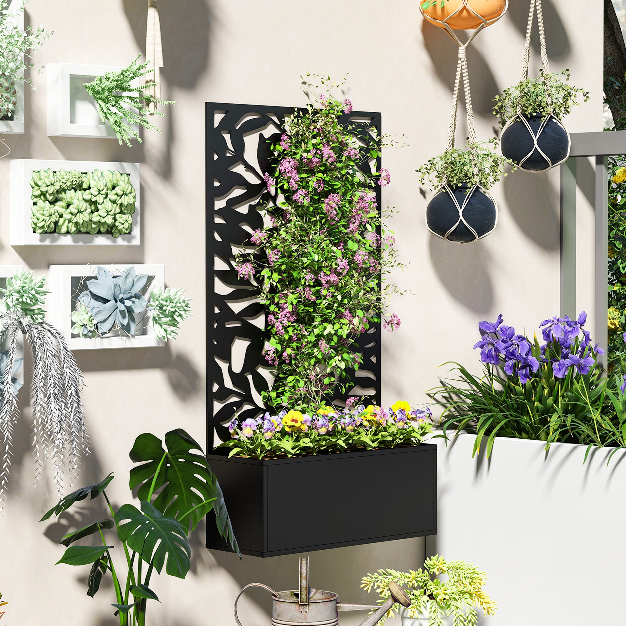 Outsunny Metal Garden Bed with Trellis, Wall Mounted or Freestanding Raised Planter with Privacy Panel, Black