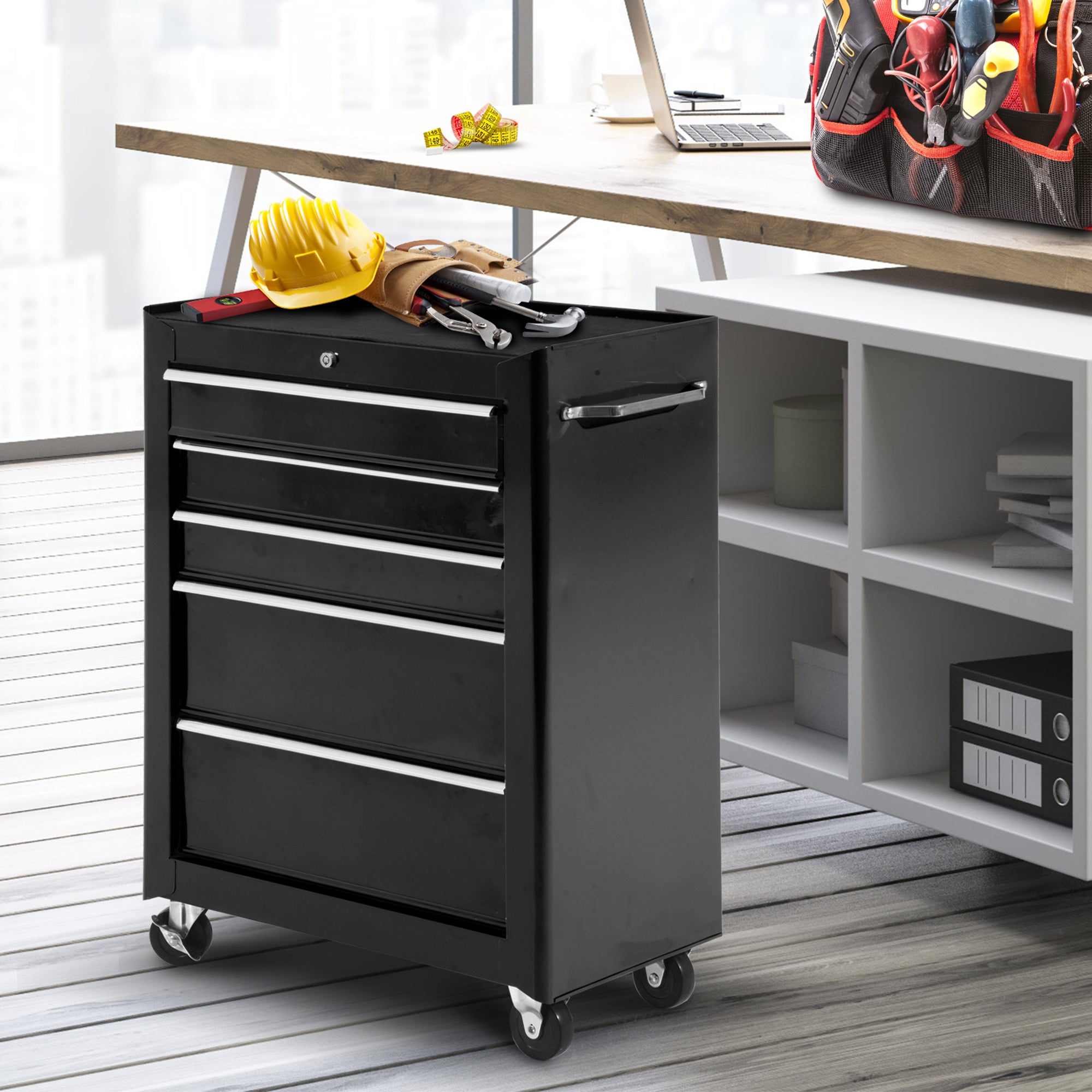HOMCOM 5-Drawer Tool Chest, Lockable Steel Tool Storage Cabinet with Wheels and Handle Tool Box for Garage, Workshop, Black - North Peak Garden Furniture