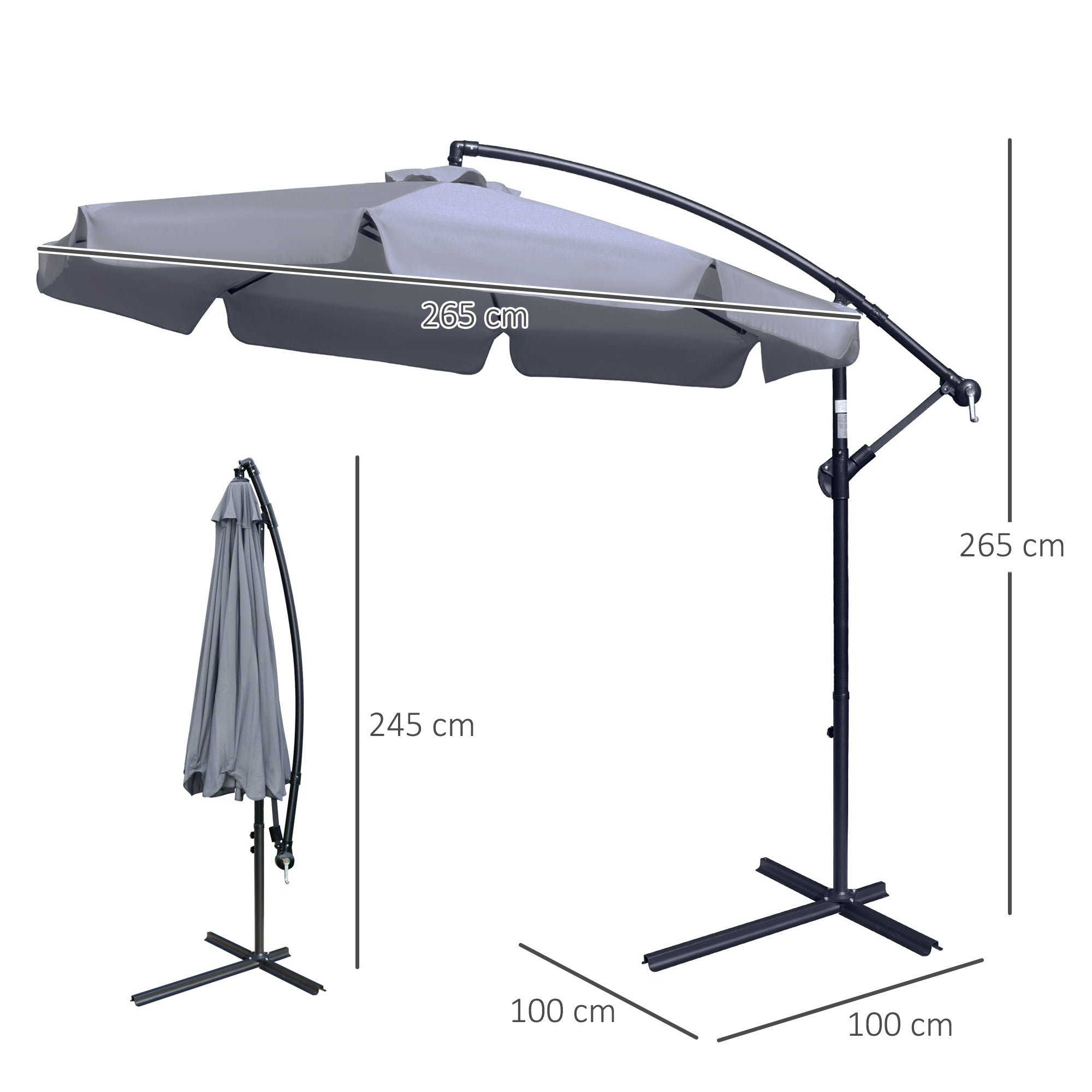 Outsunny 2.7m Garden Banana Parasol Cantilever Umbrella with Crank Handle and Cross Base for Outdoor, Hanging Sun Shade, Dark Grey - North Peak Garden Furniture