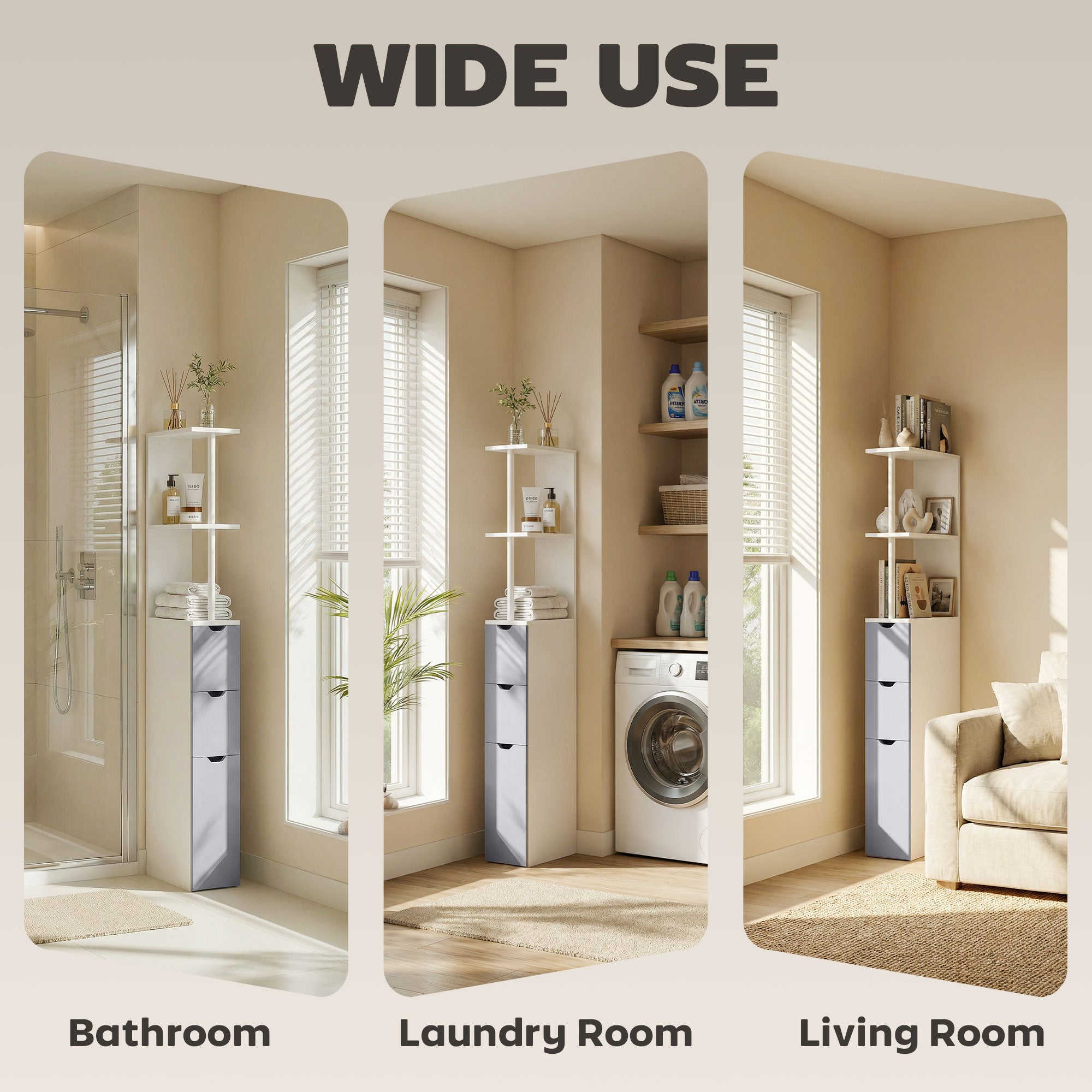 HOMCOM Tall Bathroom Cabinet, Freestanding Bathroom Storage Cabinet with 2-Tier Shelf and Drawers, Narrow Cupboard Storage Unit, White, Grey