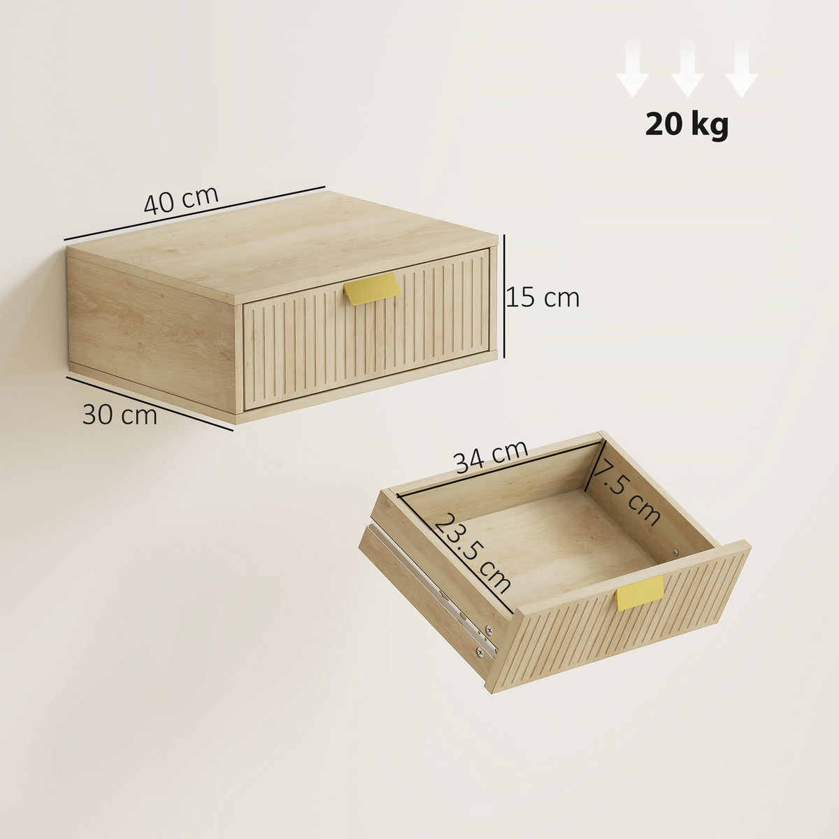 HOMCOM Modern Floating Nightstands Set of 2, Wall Mounted Bedside Tables with Wave Drawer Oak