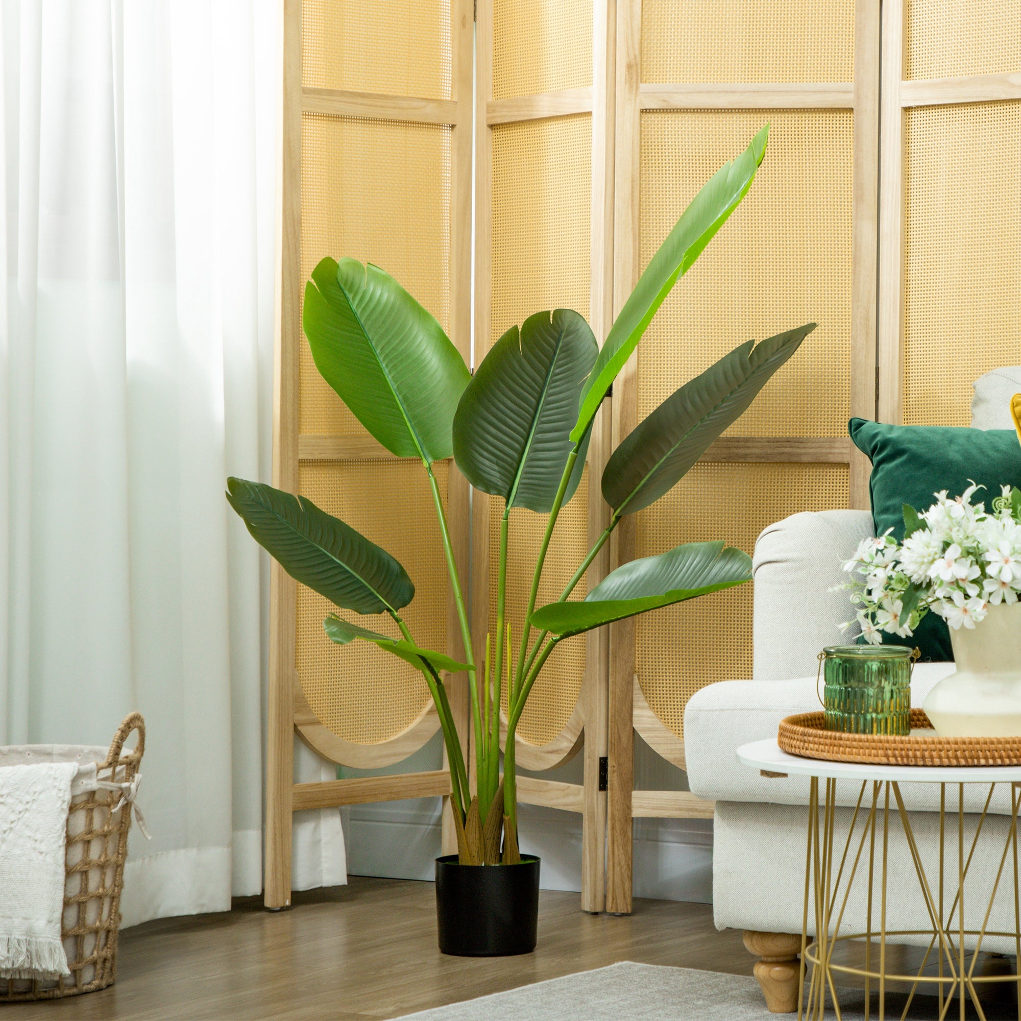 HOMCOM 109cm Artificial Bird of Paradise Plant, Faux Banana Leaf Tree with PEVA Leaves and Flocking, Decorative Palm Tree in Pot for Home Office Decor, Green
