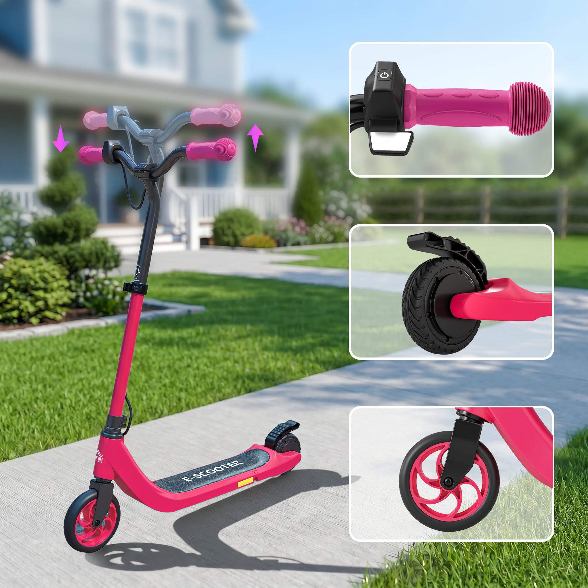 HOMCOM Electric Scooter, 120W Motor E-Scooter with Battery Display, Adjustable Height, Rear Brake for Ages 6+ Years - Pink