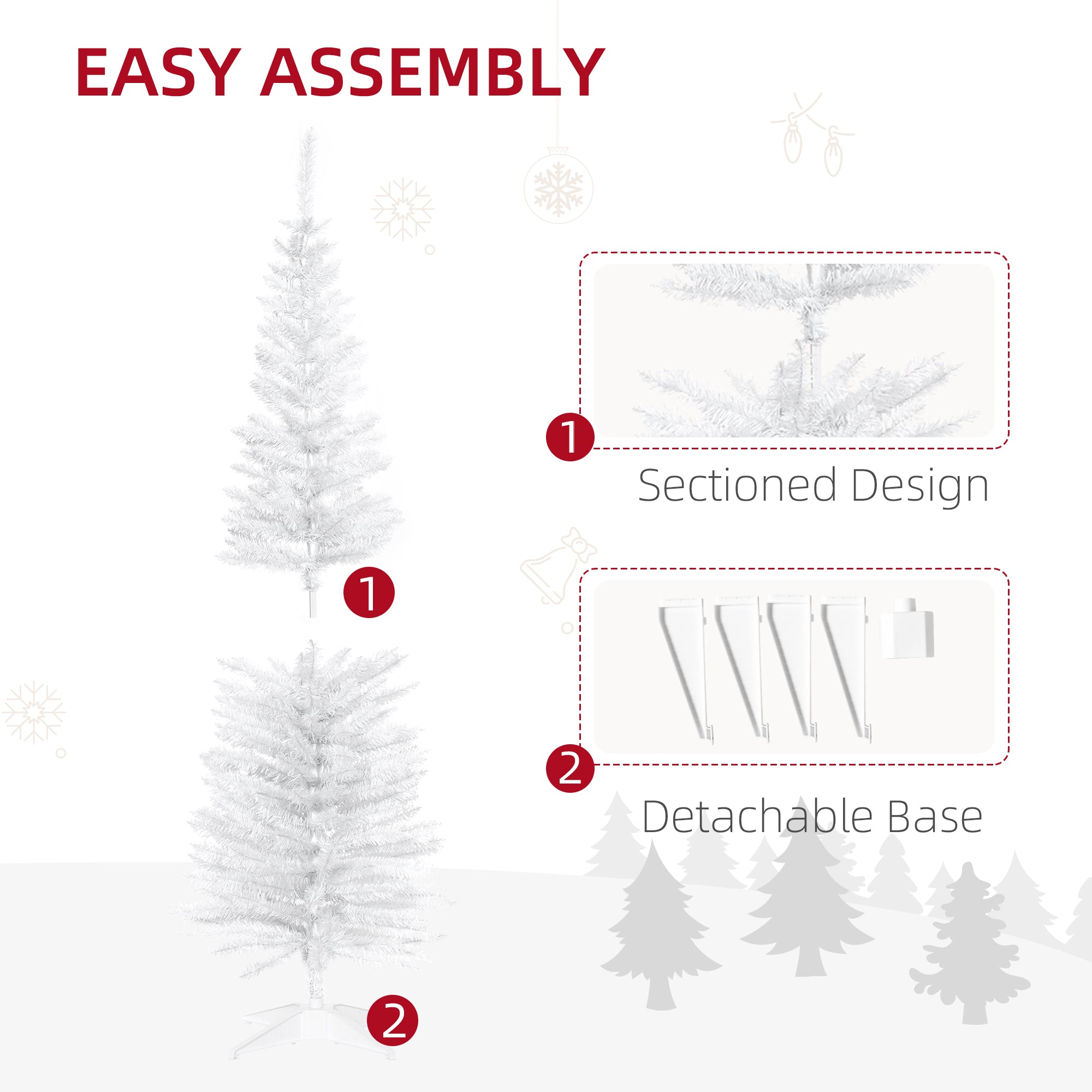 HOMCOM 5ft Unlit Artificial Christmas Tree, Pencil Slim Xmas Tree with Solid Stand and Realistic Branches, White - North Peak Garden Furniture