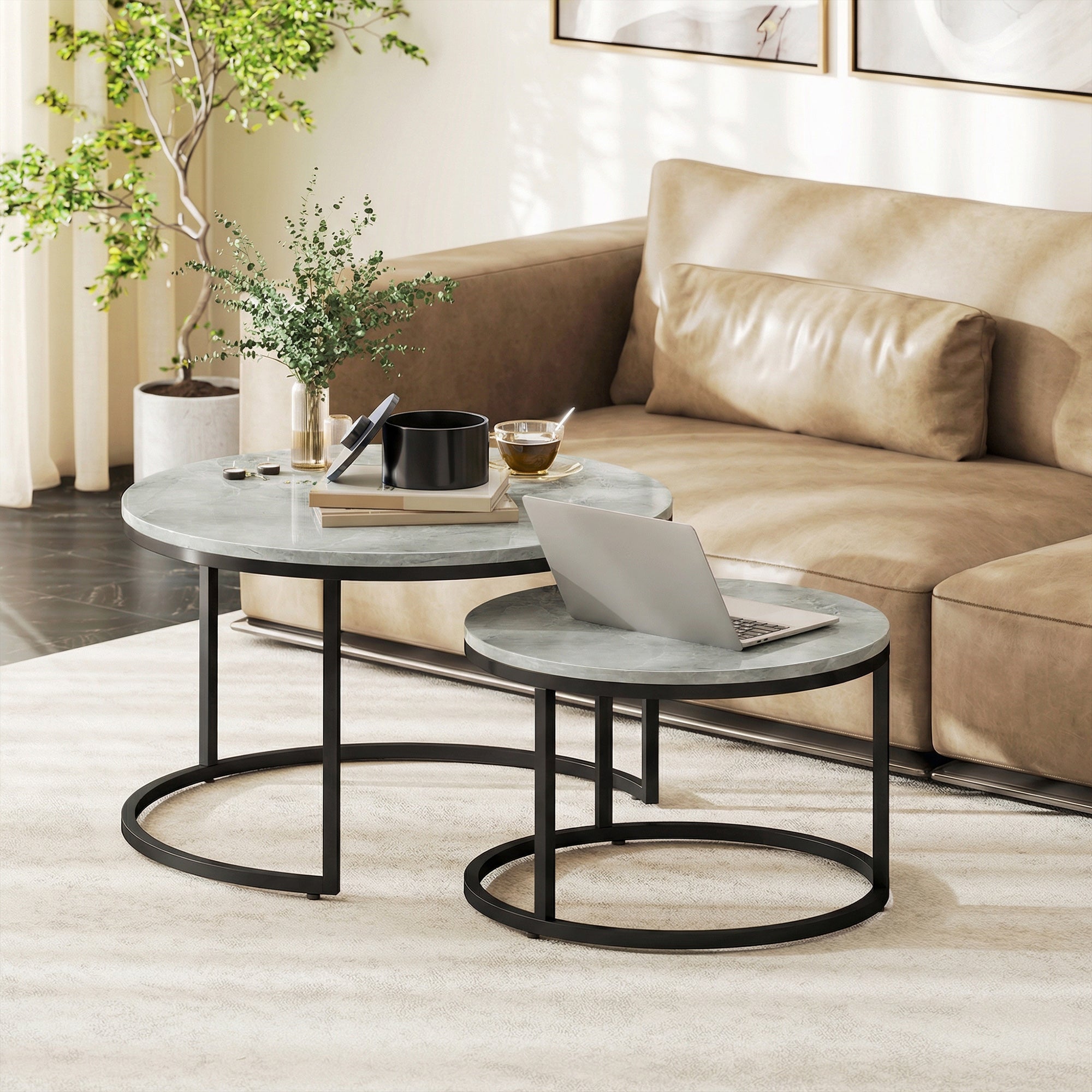 HOMCOM Set of Two Marble-Effect Stacking Tables - Grey