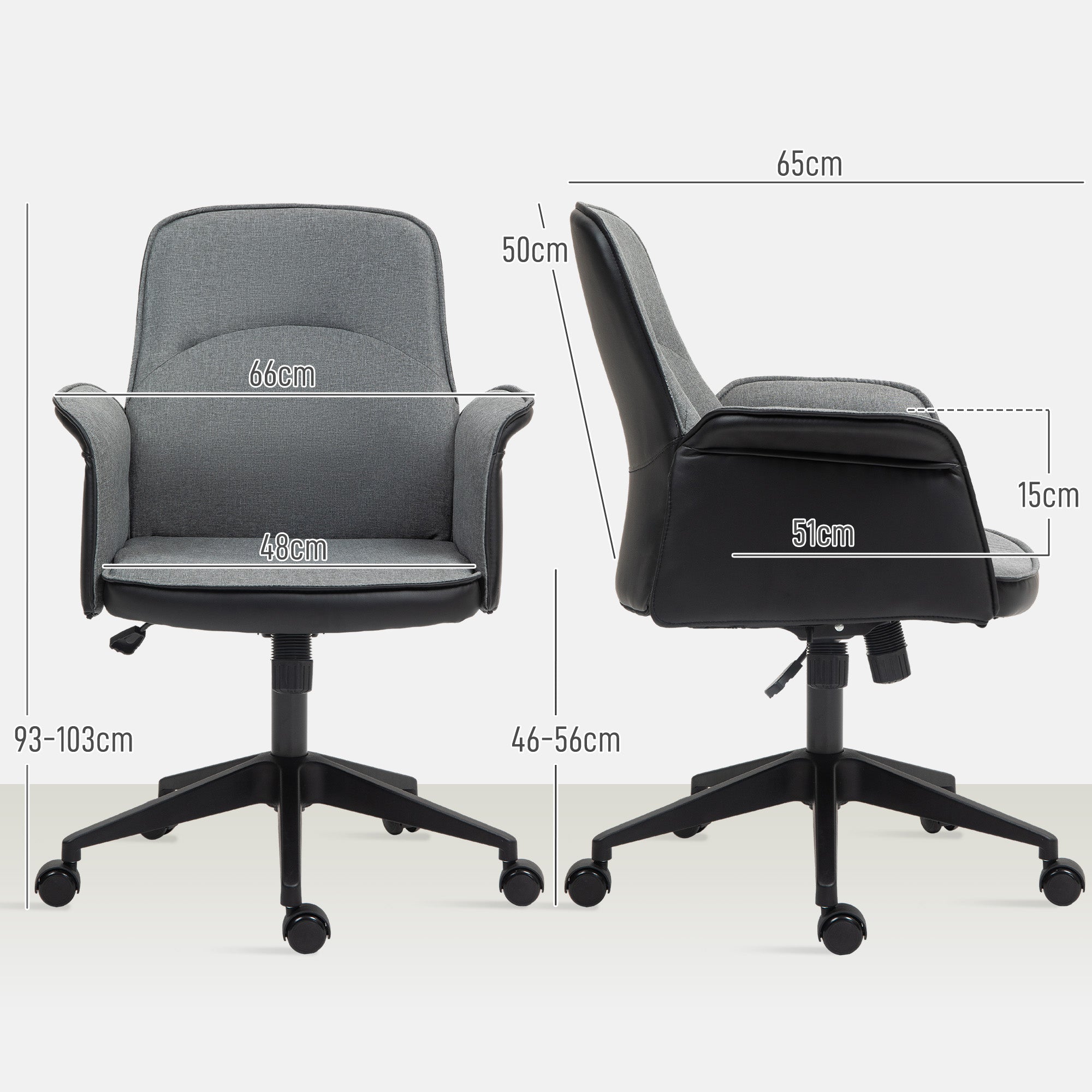 HOMCOM Home Office Chair, Upholstered Linen Desk Chair with Adjustable Height and Tilt Function, Swivel Chair for Home Office and Study Room, Grey - North Peak Garden Furniture