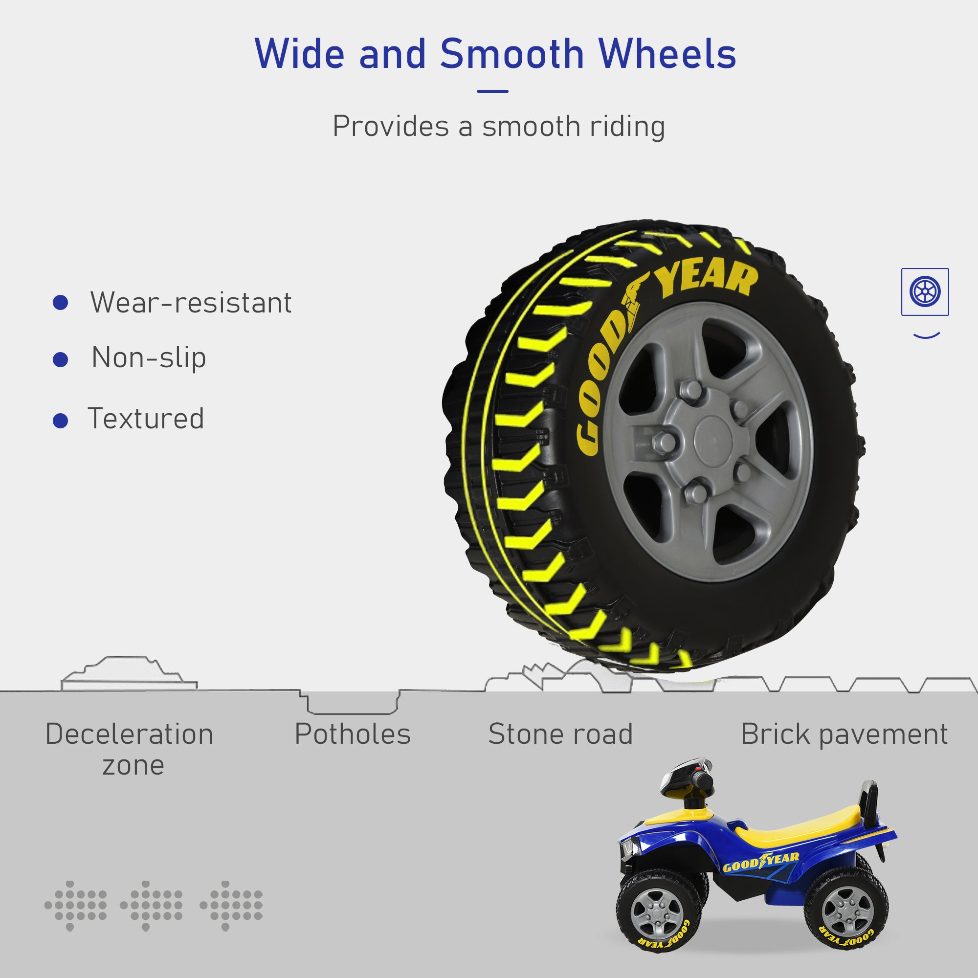 HOMCOM Baby Quad Bike Kids Ride On Car Goodyear Licensed Walker Foot To Floor Slider NO POWER w/ Lights Horn Storage Blue for 18-36 Months - North Peak Garden Furniture